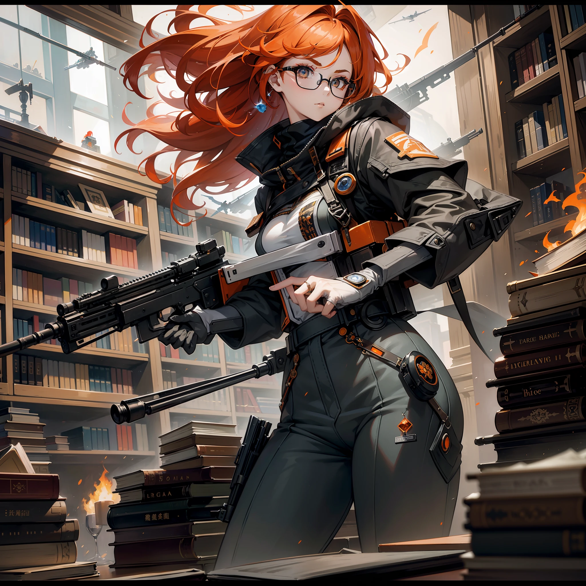 25 year old woman with orange hair、Sharp Eyebrows、big eye、Dark eyelashes、Blue-based makeup、Library Wars、rifle、Large amount of books、mechanical lifeform、Flying bullets、The book is on fire、Ablaze、Combat uniforms of the near future、Wearing glasses