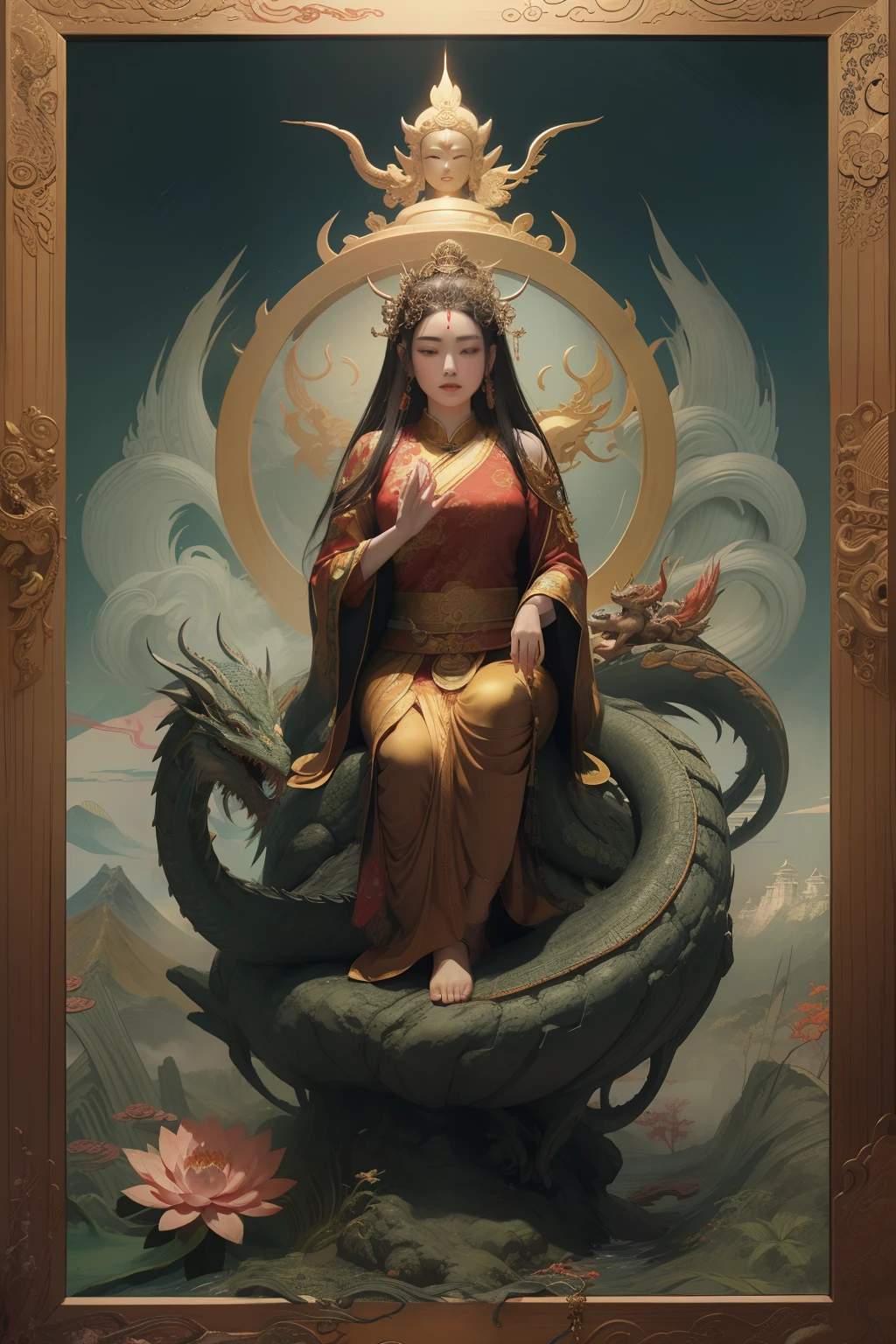 an ancient Chinese goddess, guanyin of the southern seas, Guanyin, Inspired by China, Avalokiteshvara rides a dragon，,Serene expression,shui mo hua,Buddha,Buddhist,Lotus,Chinese painting style,Thangka style