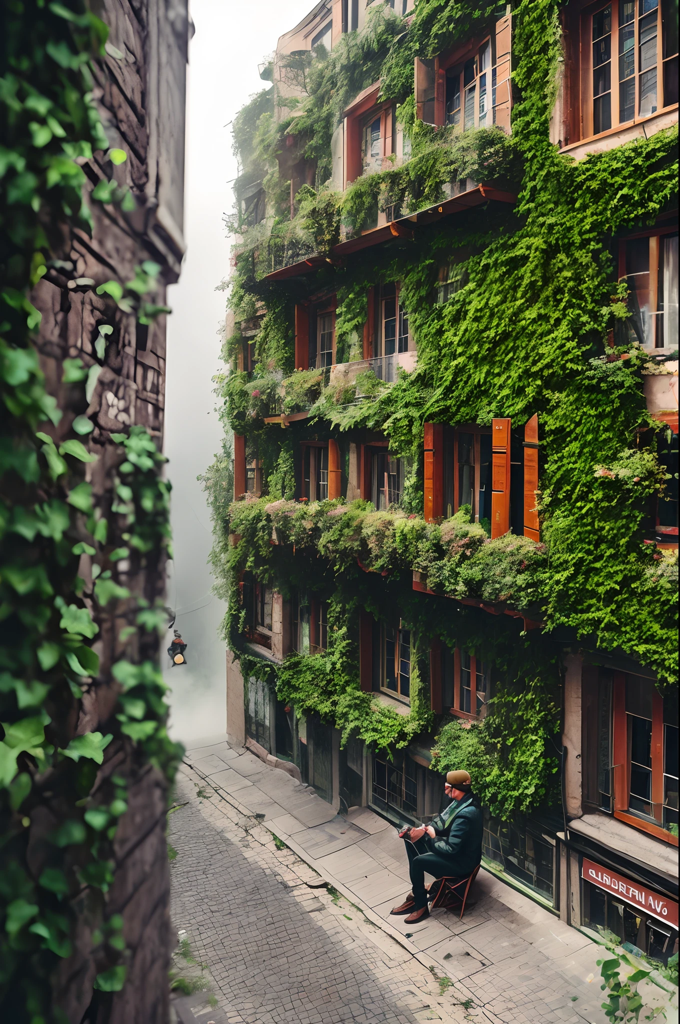 Reality meets paradise,A man sits at the top of a building overlooking the city,The building is crawling with ivy,Colorful fog on the streets