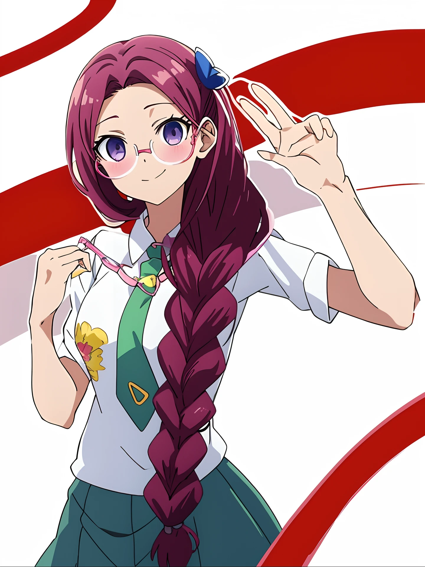 anime girl with long red hair and a ponytail waving, marin kitagawa fanart, (anime girl), high quality anime artstyle, in anime style, digital art from danganronpa, in an anime style, anime artstyle, beautiful anime high school girl, anime style character, anime moe artstyle, anime character, digital anime art!!, an anime girl, 1girl, solo, (masterpiece:1.2, best quality), glasses, ((rim-less eyewear)), Braid, violet hair,