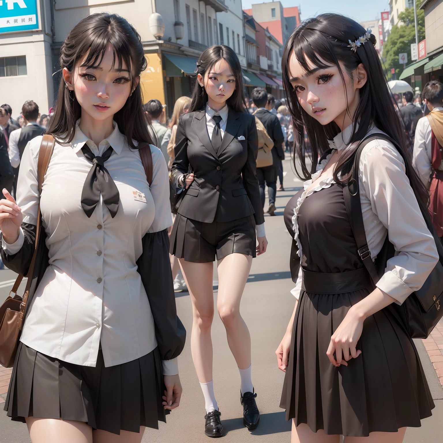 ((top-quality、8K、masterpiece:1.3))、full body Esbian、focus clear:1.2、Excellent style:1.4、masuter piece、(Realisticity: 1.3)、(Photorealsitic:1.37)、
realisitic、surrealistic、Raw foto、hyperdetailed face(very beautif、The face of the Japan idol(乃木坂アイドル)
)、hyper detailed background(In town)、Ultra-detailed costumes(Uniforms with visible body lines)、hyperdetailed body(rather large breasts)、super-detaild skin (Like a raw photo)