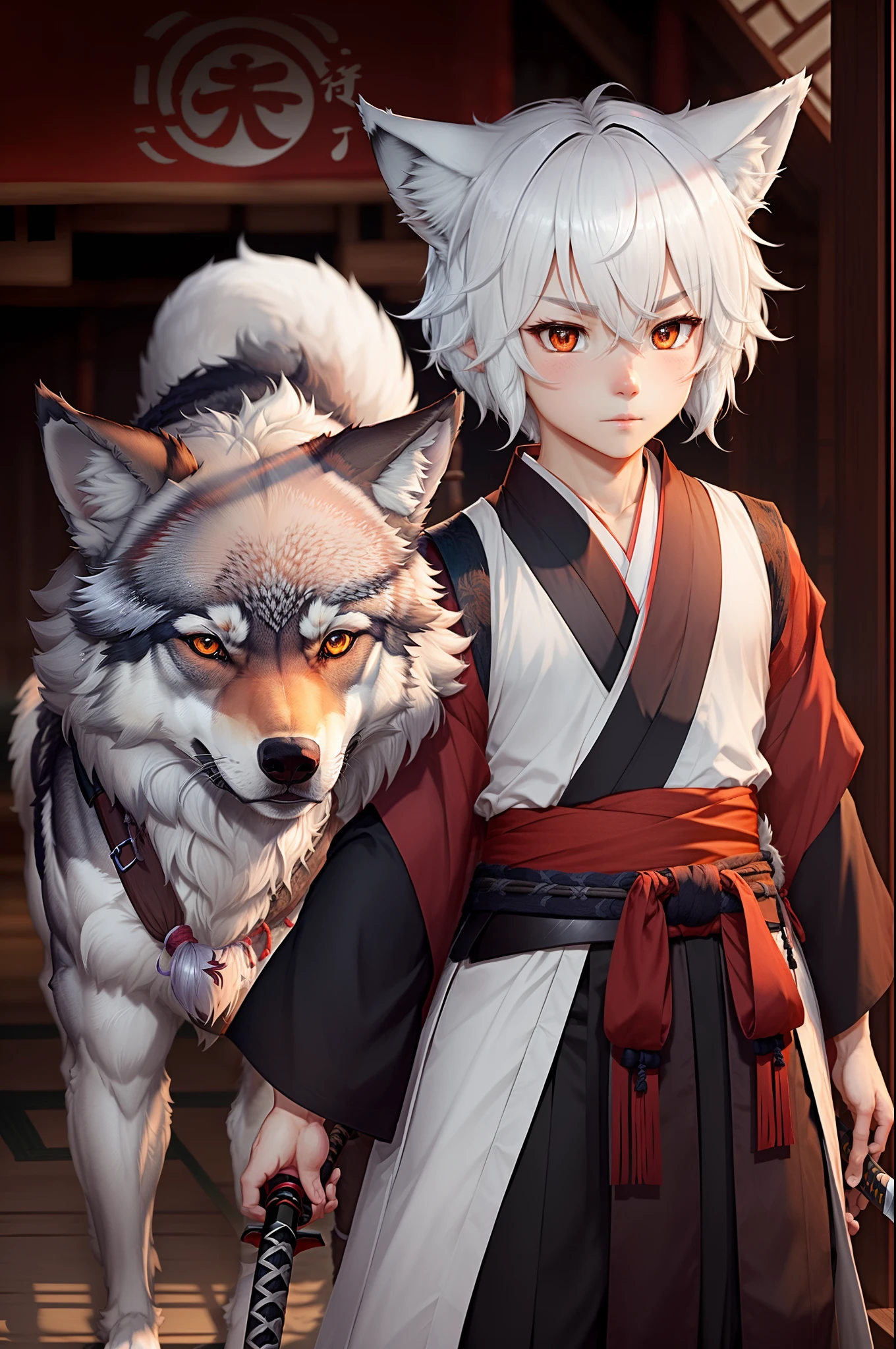 Cute beast-eared Shota,Wolf tail and wolf ears have white hair,Golden pupils,Wearing Hanfu,Wear a katana around your waist