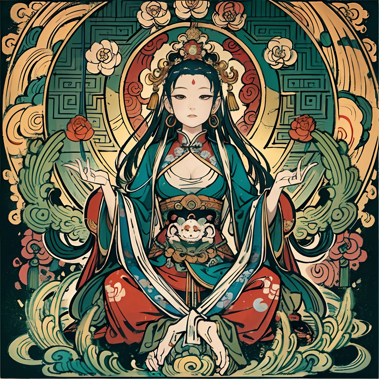 an ancient Chinese goddess, guanyin of the southern seas, Guanyin, Inspired by India, Avalokiteshvara Bodhisattva Lion,,Serene expression,shui mo hua,Buddha,Buddhist,Lotus,Chinese painting style,Thangka style