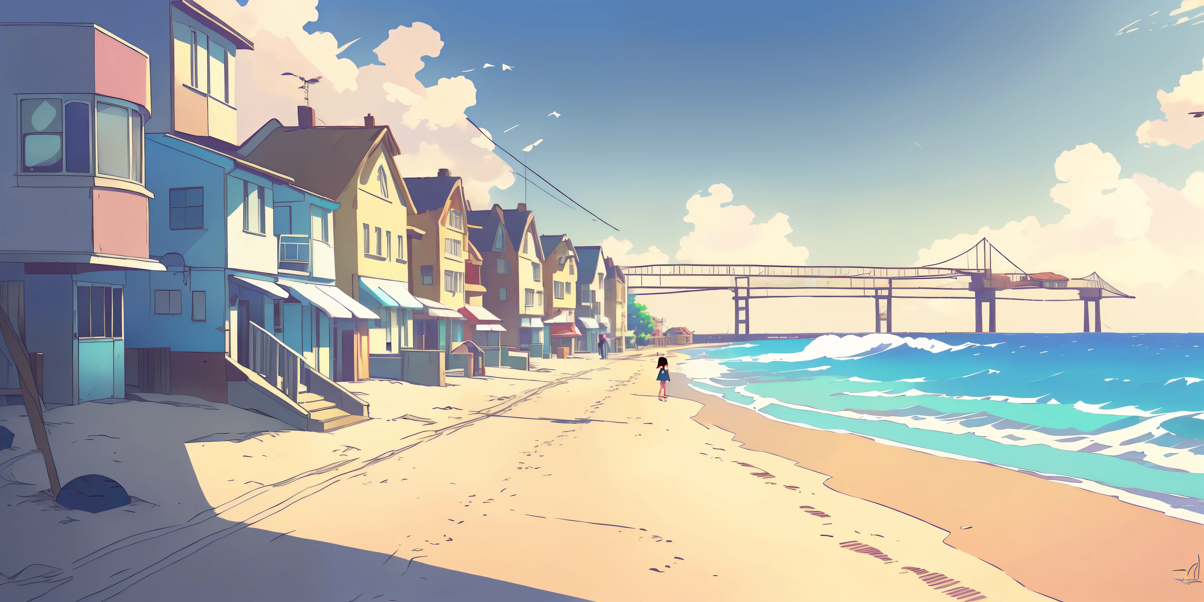 there is a picture of a beach with houses and a bridge, anime background art, summer street near a beach, anime style cityscape, anime scenery concept art, long beach background, beautiful anime scenery, anime scenery, in style of makoto shinkai, style of makoto shinkai, inspired by Makoto Shinkai, background art, hd anime cityscape