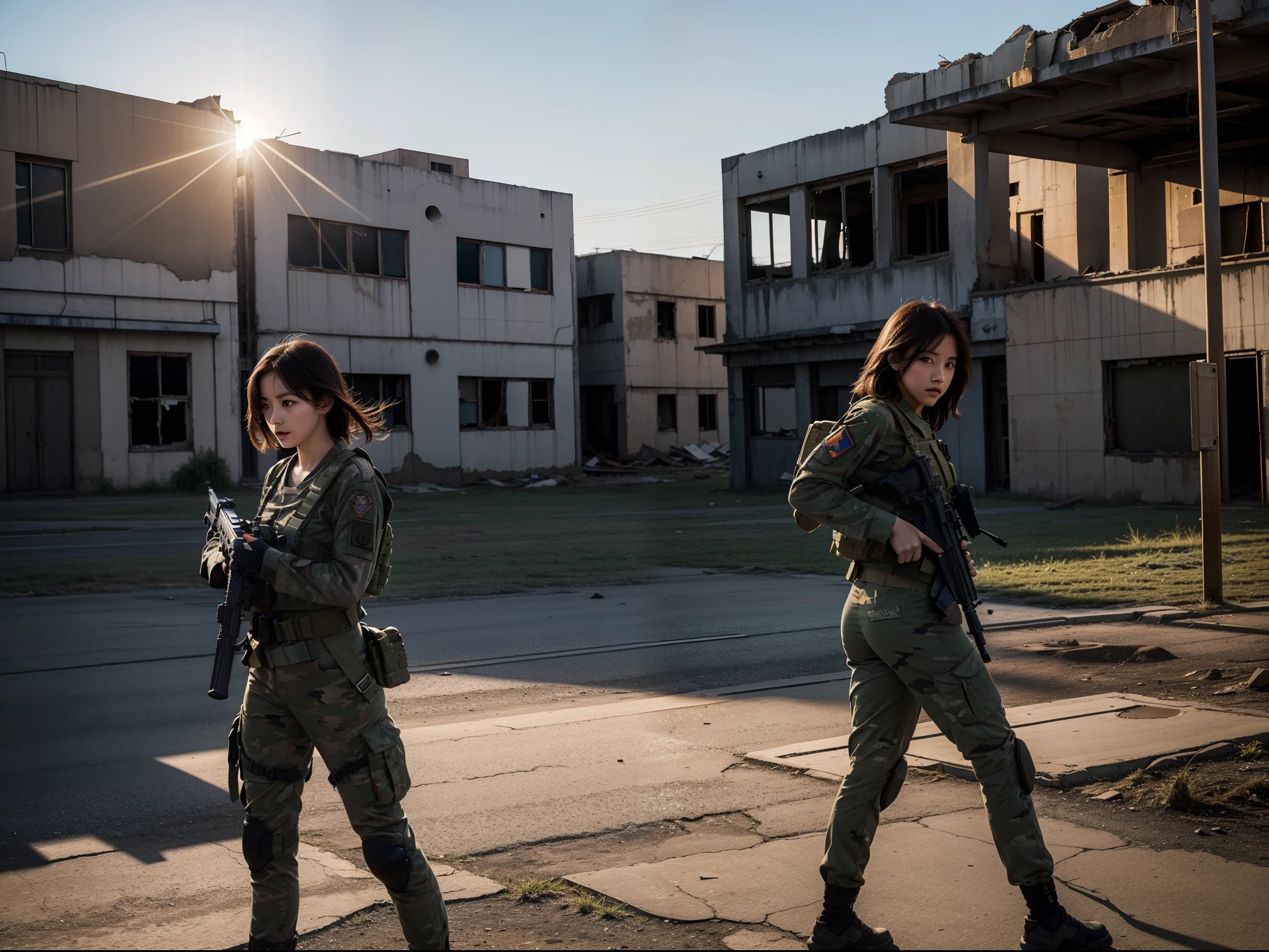 photo, background of Abandoned City, early dawn sky, 2 young bimbo Female Soldiers wearing broken combat suits, action pose, dawn lighting from side, soft shadow