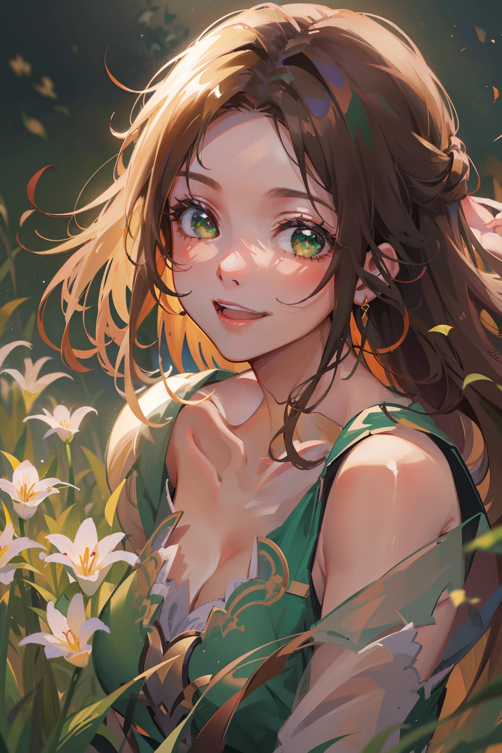 (masterpiece), (best quality), ultra high res, sharp focus, ((1 woman, solo)), (warm pastel color), upper body, medium long shot, MLS, background blur focus on face only, in the meadow of lily flower, (at the beautiful night time:1.2), beautiful detailed hair, chesnut brown hair, long hair tumbles down, ((beautiful shape eyes, green eyes)), beautiful detailed face, perfect feminine face, smiles warmly, look at the viewer, coquette clothes, comfortable pose to the viewer