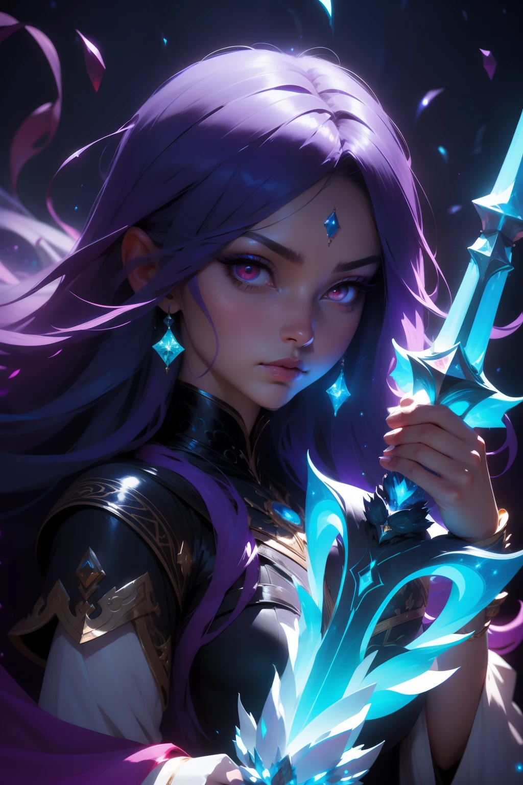 (mysterious:1.3), ultra-realistic mix fantasy, giant eastern dragon, asian woman holding a glowing sword,void energy thunder sword, in the style of dark azure and light azure, mixes realistic and fantastical elements, vibrant manga, uhd image, glassy translucence, vibrant illustrations, ultra realistic, long hair, straight hair, light purple hair,head jewelly, jewelly, shawls,light In eyes, red eyes, portrait, firefly, bokeh, mysterious, fantasy, cloud, abstract, colorful background, night sky, flame, very detailed, high resolution, sharp, sharp image, 4k, 8k, masterpiece, best quality, magic effect, (high contrast:1.4), dream art, diamond, skin detail, face detail, eyes detail, mysterious colorful background, dark blue themes