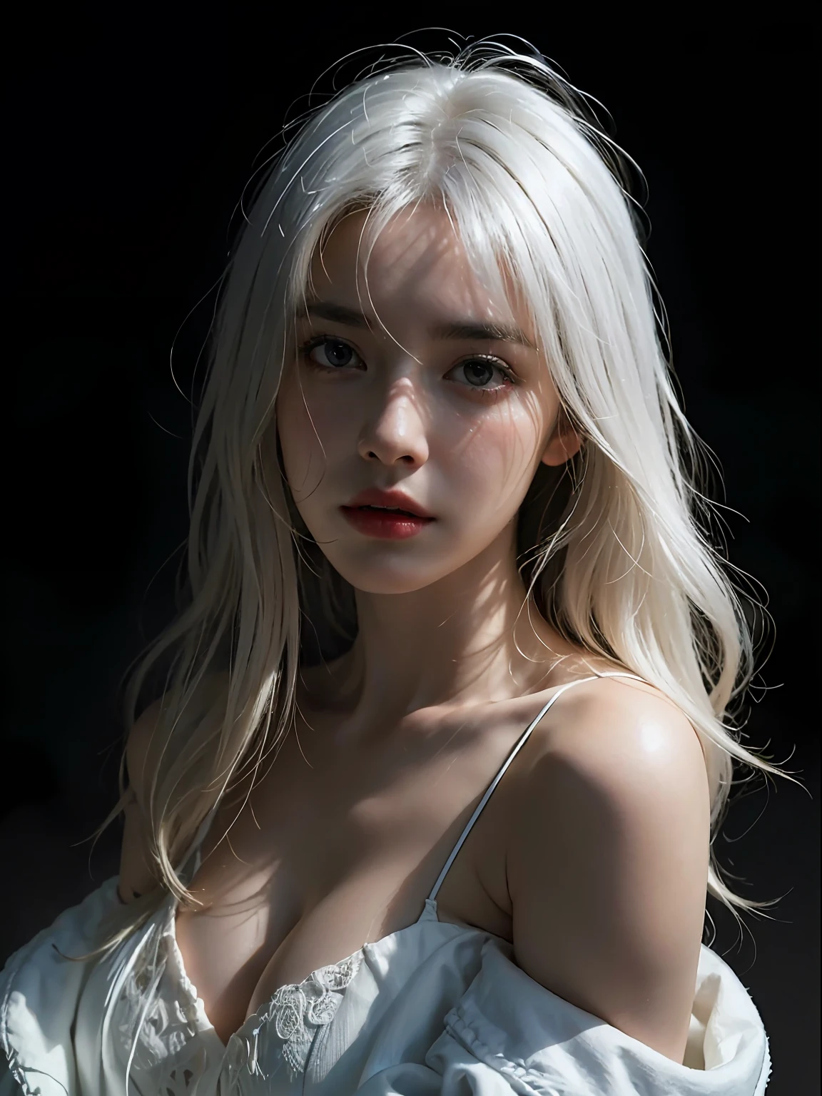Best quality, masterpiece, ultra high res, (photorealistic:1.5), raw photo, 1girl, offshoulder, in the dark, deep shadow, low key, cold light, sexy look, white hair, long wavy hair
