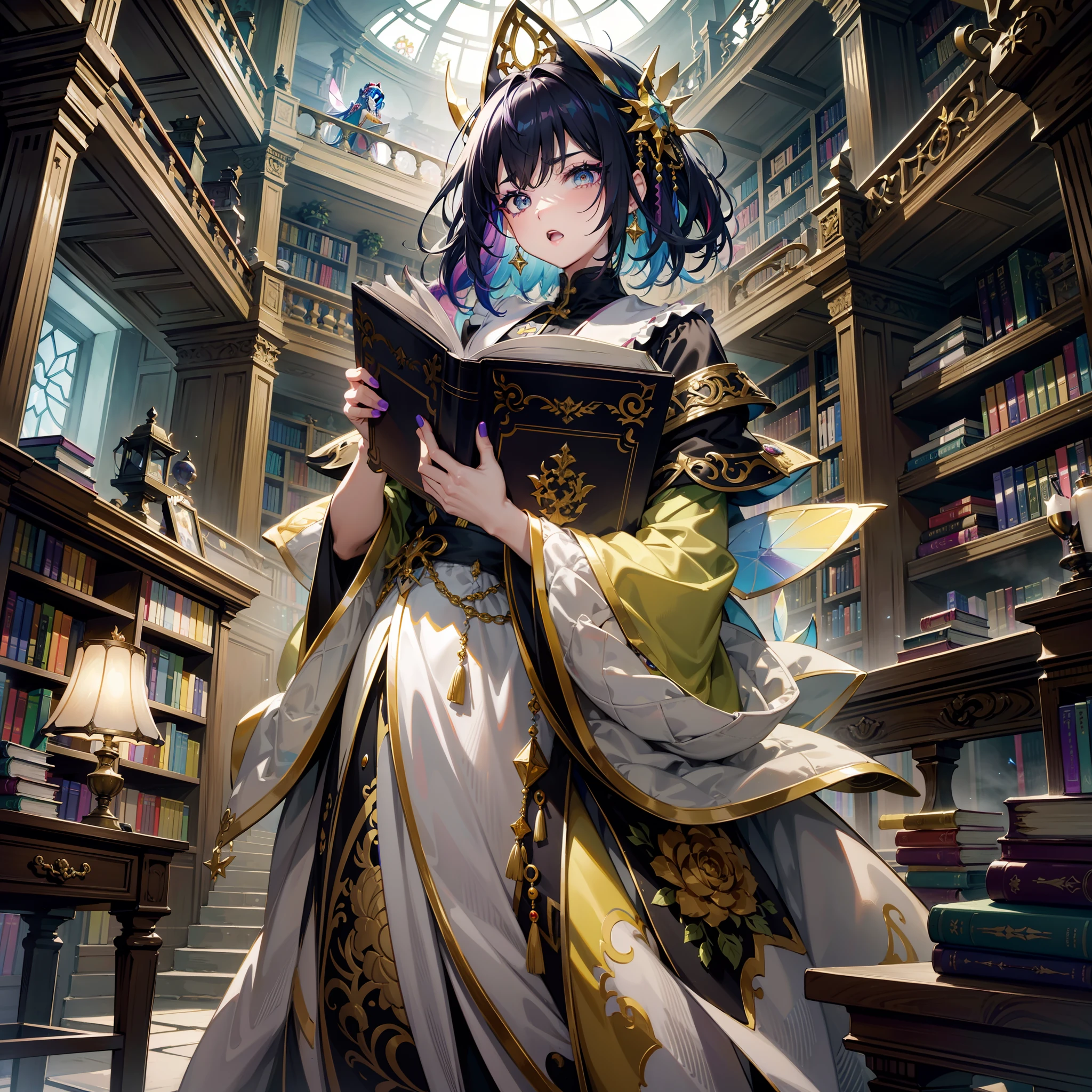 (Queen, crown), At the center of the screen is an empress wearing a crown, sitting on a bookshelf in the library, surrounded by ancient books and parchment rolls. She holds a book in her hand, with the bookshelf and books in the background, (Photography), award-winning, cinematic still, emotional, vignette, dynamic, vivid, (masterpiece, best quality, Professional, perfect composition, very aesthetic, absurdres, ultra-detailed, intricate details:1.3)