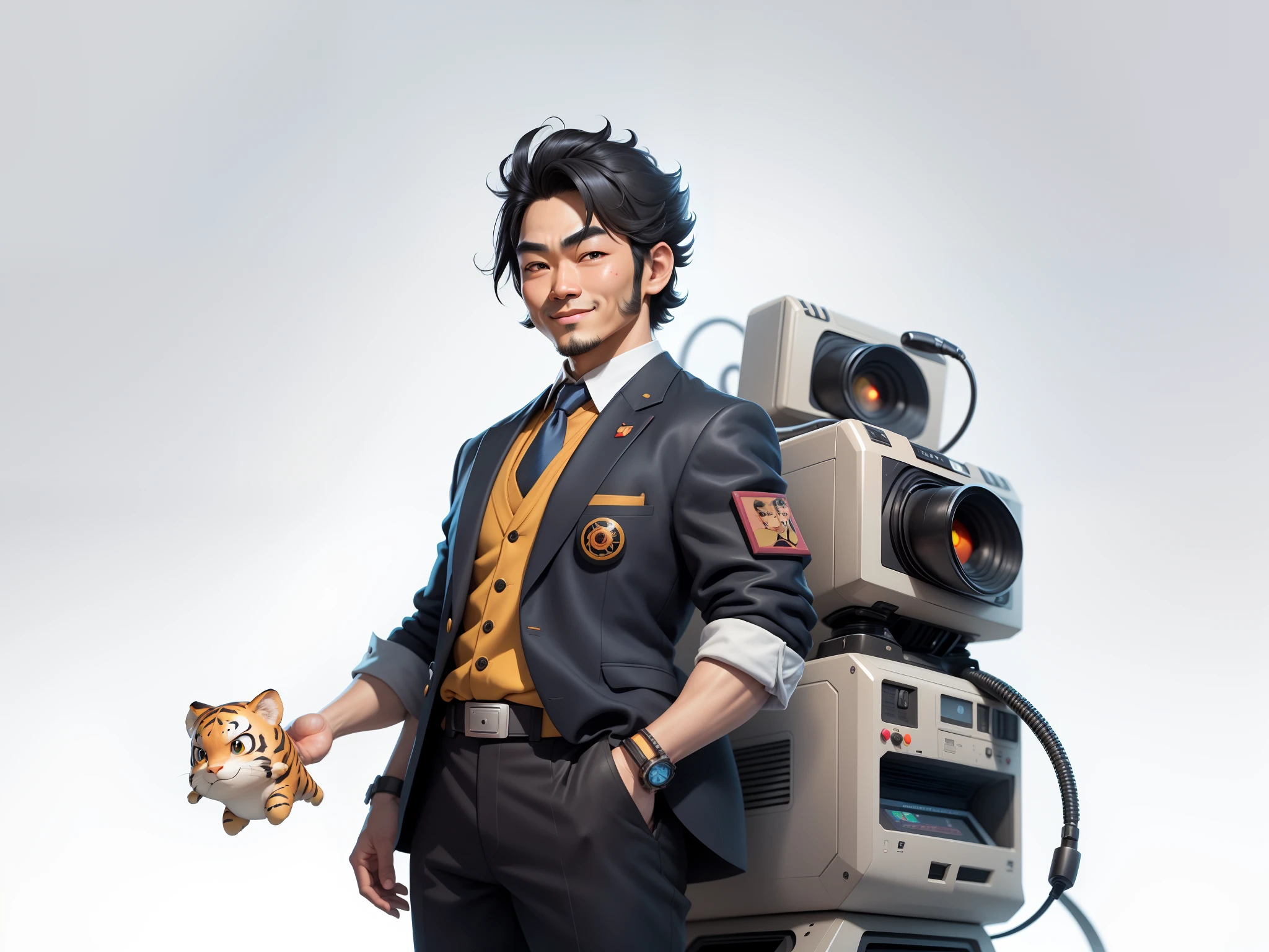 (Daisaku),(Need),(Super meticulous),(full bodyesbian:1.2),Super young man with Japanese geisha，Beautiful，orient，one tiger，Aeolian Thor，Raised sexy，爆乳，Oriental face，TV Anchor，Bust portrait illustration，In black suit，a blue tie，The face is slightly chubby，The face was clean，without a beard，Black super short hair，Black eyes，Smile confidently，3C computer sub-products，iPad， iphone，Digital painting，3D character design by Mark Clairen and Pixar and Hayao Miyazaki and Akira Toriyama，The illustration is a high-definition illustration in 4K resolution，With very detailed facial features and cartoon-style visuals。