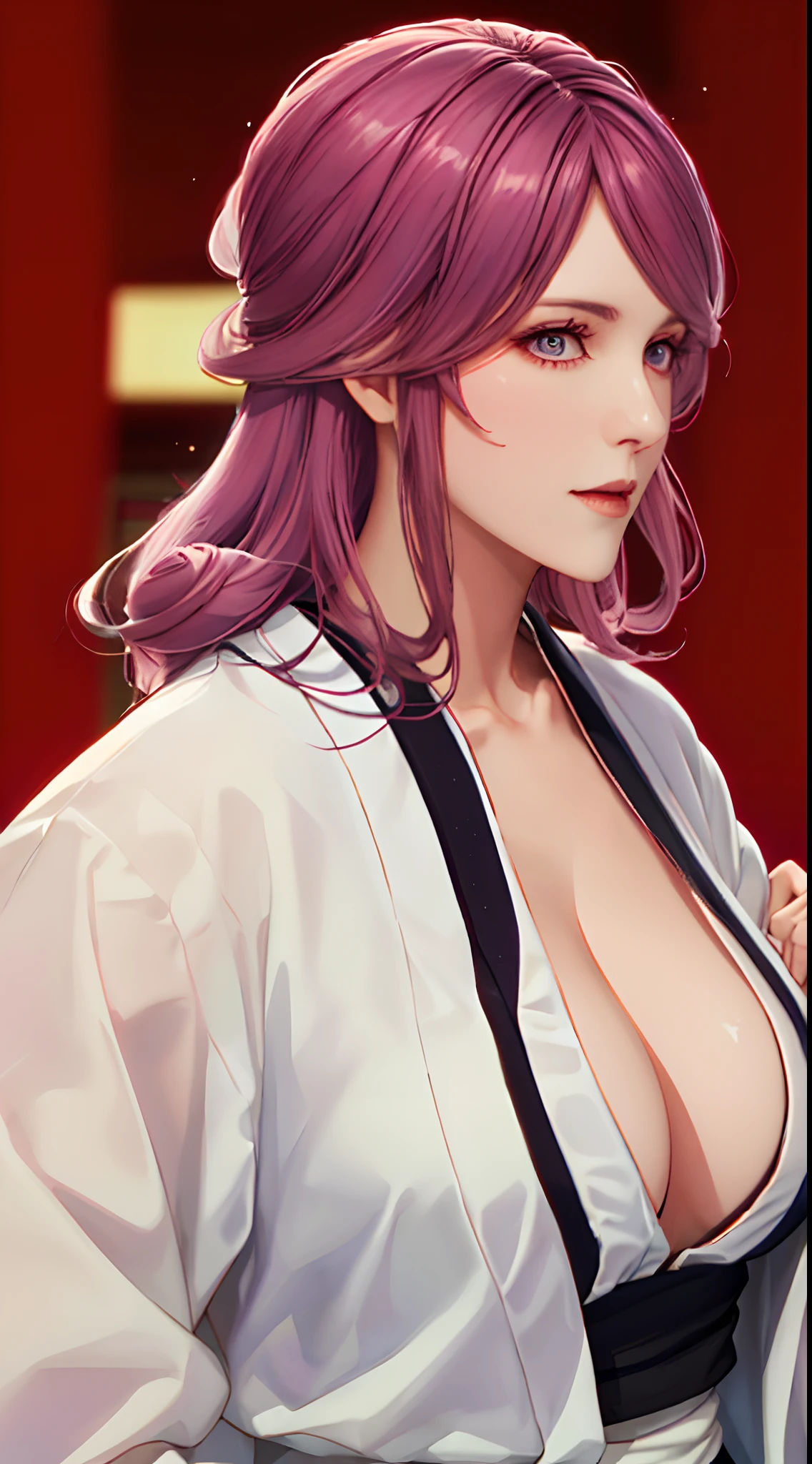 Japanese clothes,komono,haori,,((Masterpiece)),A high resolution, highlydetailed skin, insanely details, absurderes, ((Best quality)),tmasterpiece,top-quality,best qualityer, (((Long hair,Purple colored hair, Black Japanese clothing, black kimono, White Haori, Purple eyes, Makeup, huge boob,Breast bumps,Exquisite facial features,There is light in the eyes,laughingly,self-assured,From the side Side,looking to the camera)))