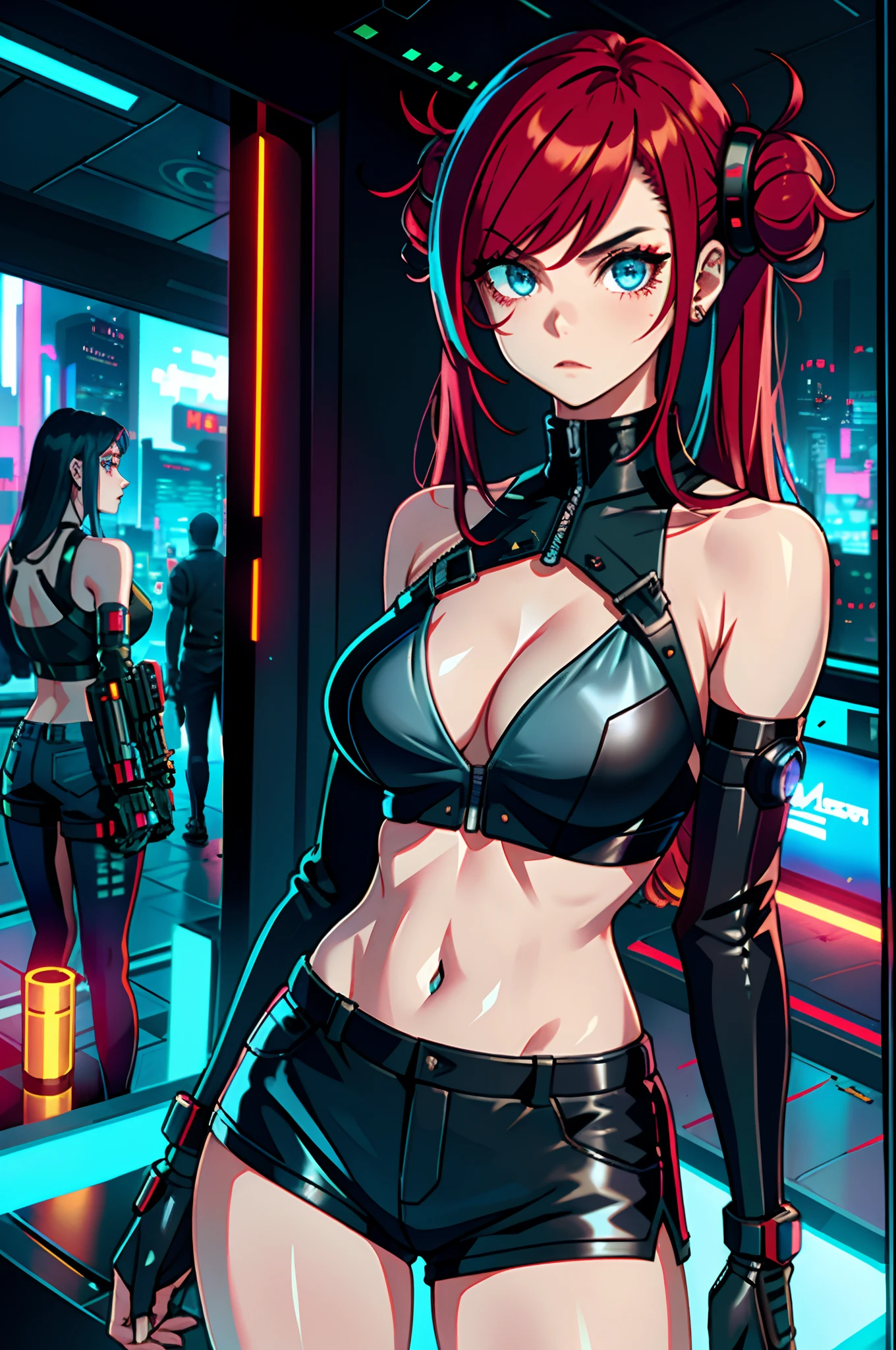cyberpunk edgerunners, 1girl, lucy \(cyberpunk\), Bare shoulders, eBlue eyes, nedium breasts, looking at viewert, mediuml breasts,, cropped shoulders, Red eyeliner, long whitr hair, Ultra shorts solo, Crop topping,whaite hair,((tmasterpiece))