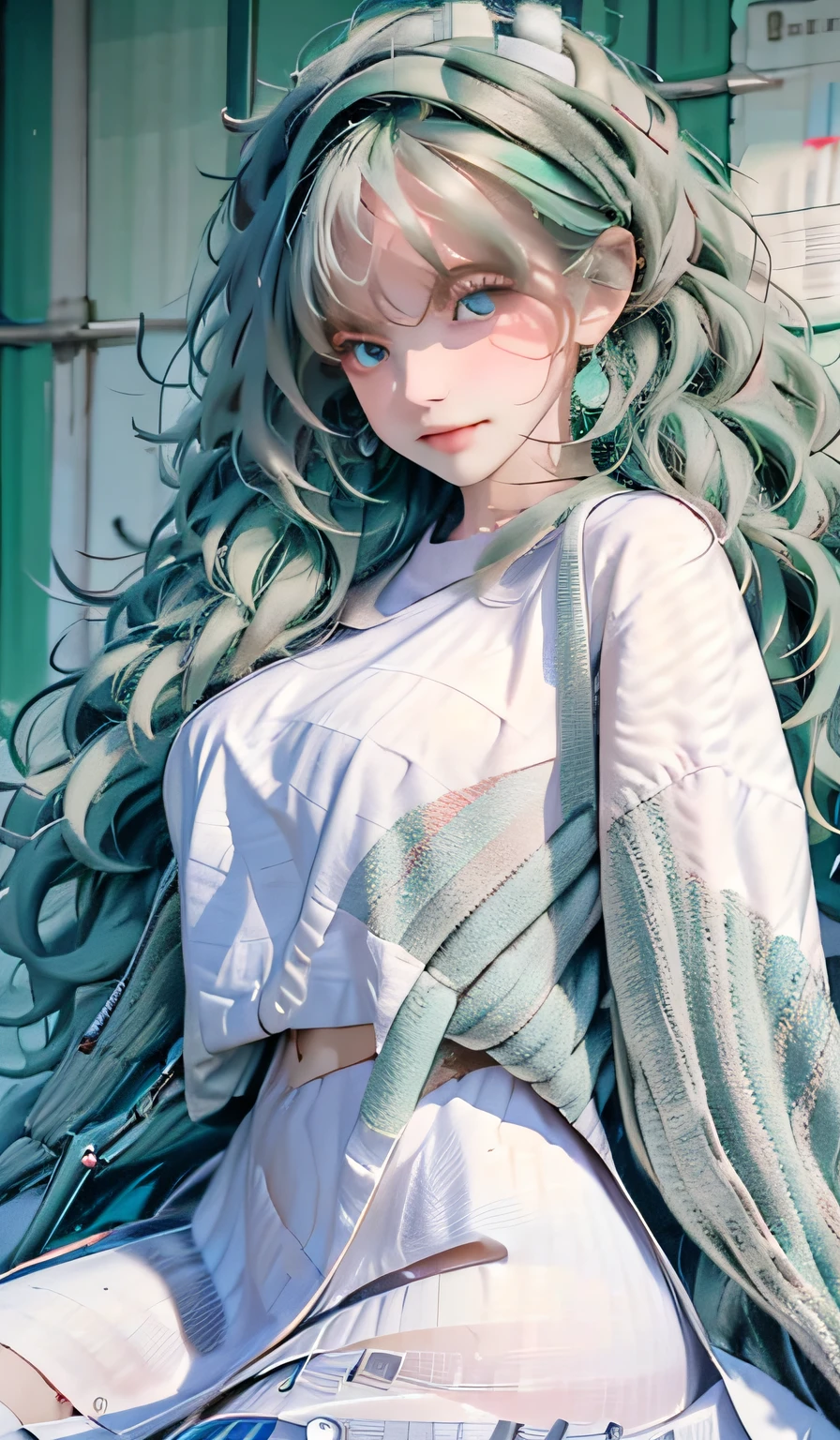 There was a girl in a short green dress, clubs,best qualtiy,tmasterpiece,Extremely detailed 8K wallpaper,coloured with lots of colour,intricately details,Cold white skin,(Carefully portray blush),Soft cute,Messy beauty,The skin is shiny and silky,beautidful eyes,Peach blossom eyes,An extremely delicate and beautiful girl,white skirt,The upper part of the body,