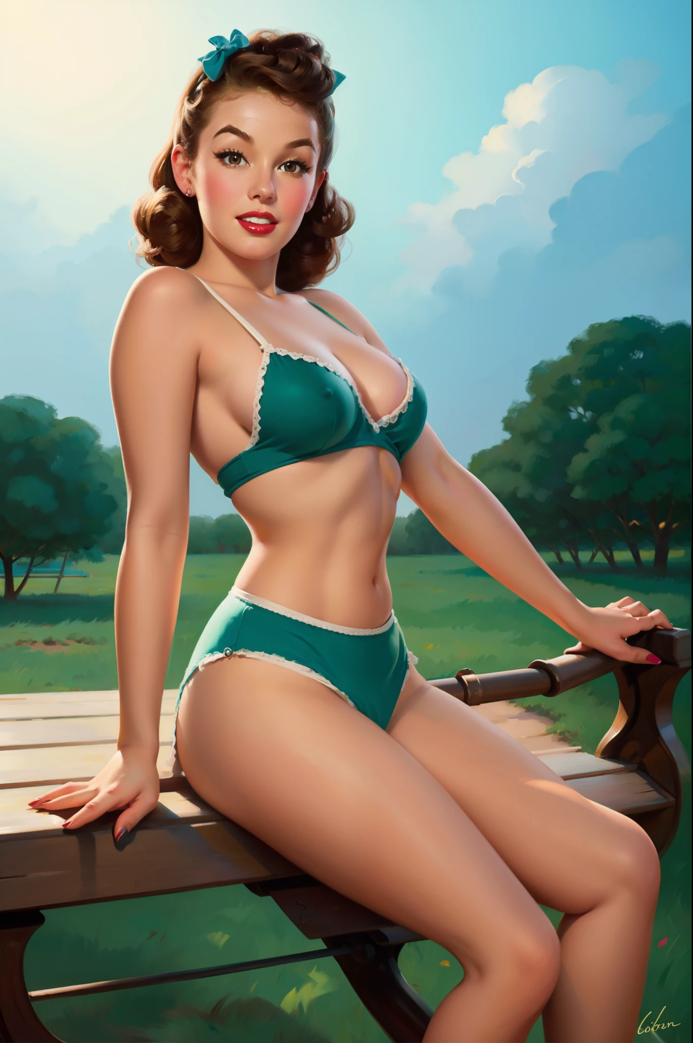 20 years old Girl sitting on fance of the farm, No Bra, No Panties, medium breast, shining skin, dramatic lighting, pin up style, sexy, surprised, , colorful , masterpieces, illustrated, shining skin, detailed face, Medium breast. tight body. Illustrated BY Zoe Mozert,   pinup art byZoe Mozert,  vintage pin up, illustrated by Zoe Mozert, girl pinup, pinup girl, pin-up poster girl, pin up girl, pinup, pin - up girl, Detailed face, Detailed Hands, Detailed legs,