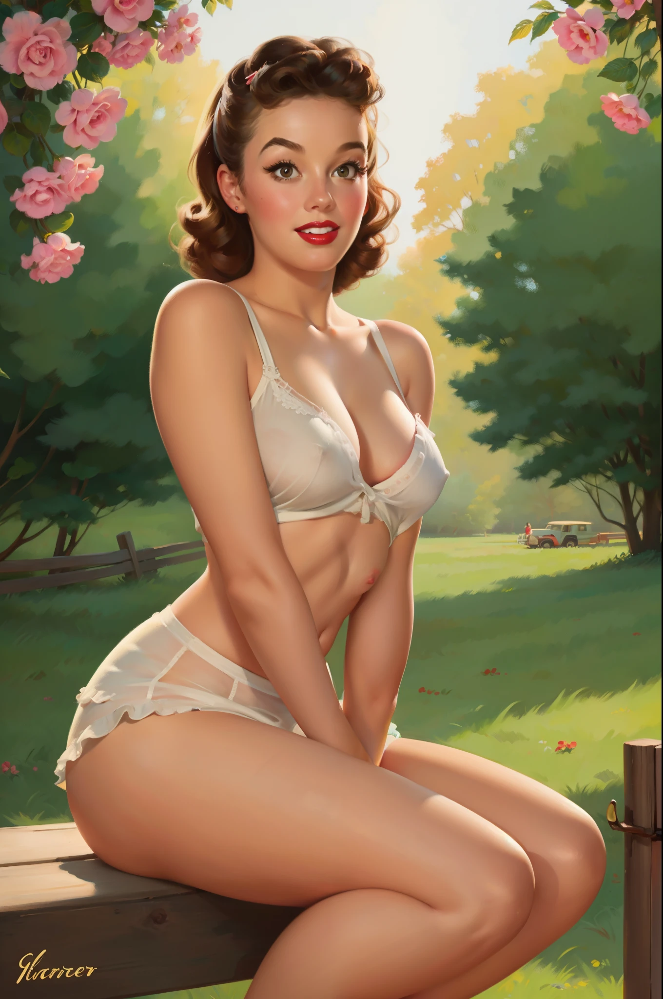 20 years old Girl sitting on fance of the farm, No Bra, No Panties, medium breast, shining skin, dramatic lighting, pin up style, sexy, surprised, , colorful , masterpieces, illustrated, shining skin, detailed face, Medium breast. tight body. Illustrated BY Zoe Mozert,   pinup art byZoe Mozert,  vintage pin up, illustrated by Zoe Mozert, girl pinup, pinup girl, pin-up poster girl, pin up girl, pinup, pin - up girl, Detailed face, Detailed Hands, Detailed legs,