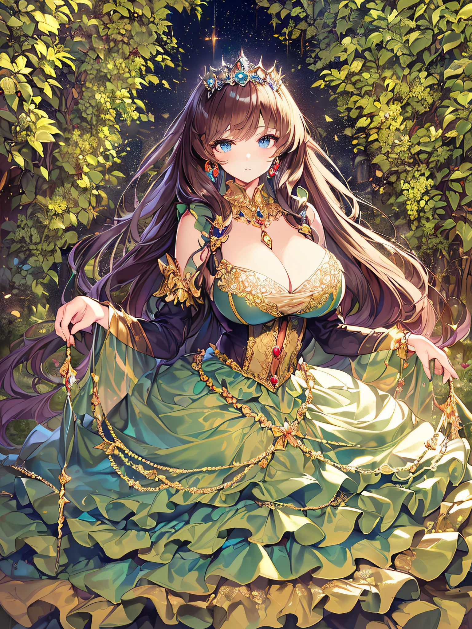 ((anime artstyle)),(Masterpiece),(Best Quality), (Super Detail),((Very Delicate and Beautiful)),(((Solo))),((full body portrait)),((1 princess in gorgeous princess rococo ballgown with voluminous full length hoop skirt)),((crinoline)),Long train,(((standing in garden))),(gorgeous gemstone jewelry),detailed face and eyes,jewel-like eyes,((large amount of straight hair,extremely voluminous Hair,Very Long Straight Hair)),((gigantic tits,Long tits)),cleavage,extremely gorgeousfull hair ornament,((bling-bling extremely gorgeousfull jeweled tiara)),((Dynamic Angle)),Looking at viewer,,flowers,flower petals flowing,((gorgeous princess rococo ballgown with voluminous full length hoop skirt))