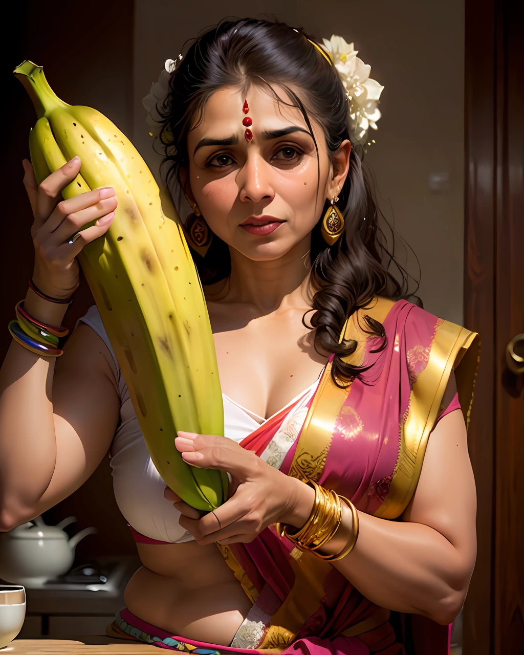 Indian aunty holding a banana