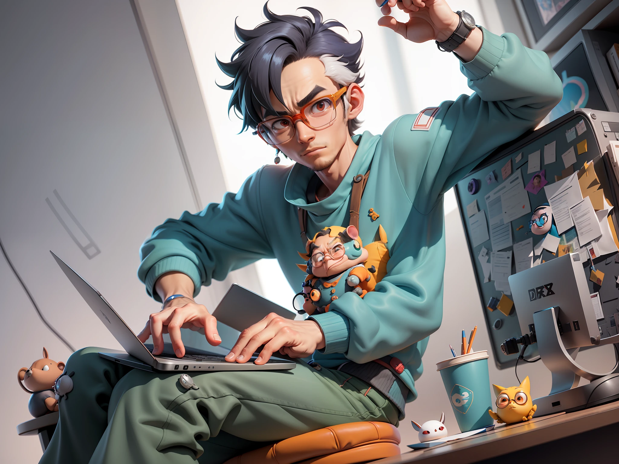 A young man with glasses sits at his desk,holding laptop,digitial painting,3D character design by Mark Clairen and Pixar and Hayao Miyazaki and Akira Toriyama,4K HD illustration,Very detailed facial features and cartoon-style visuals。