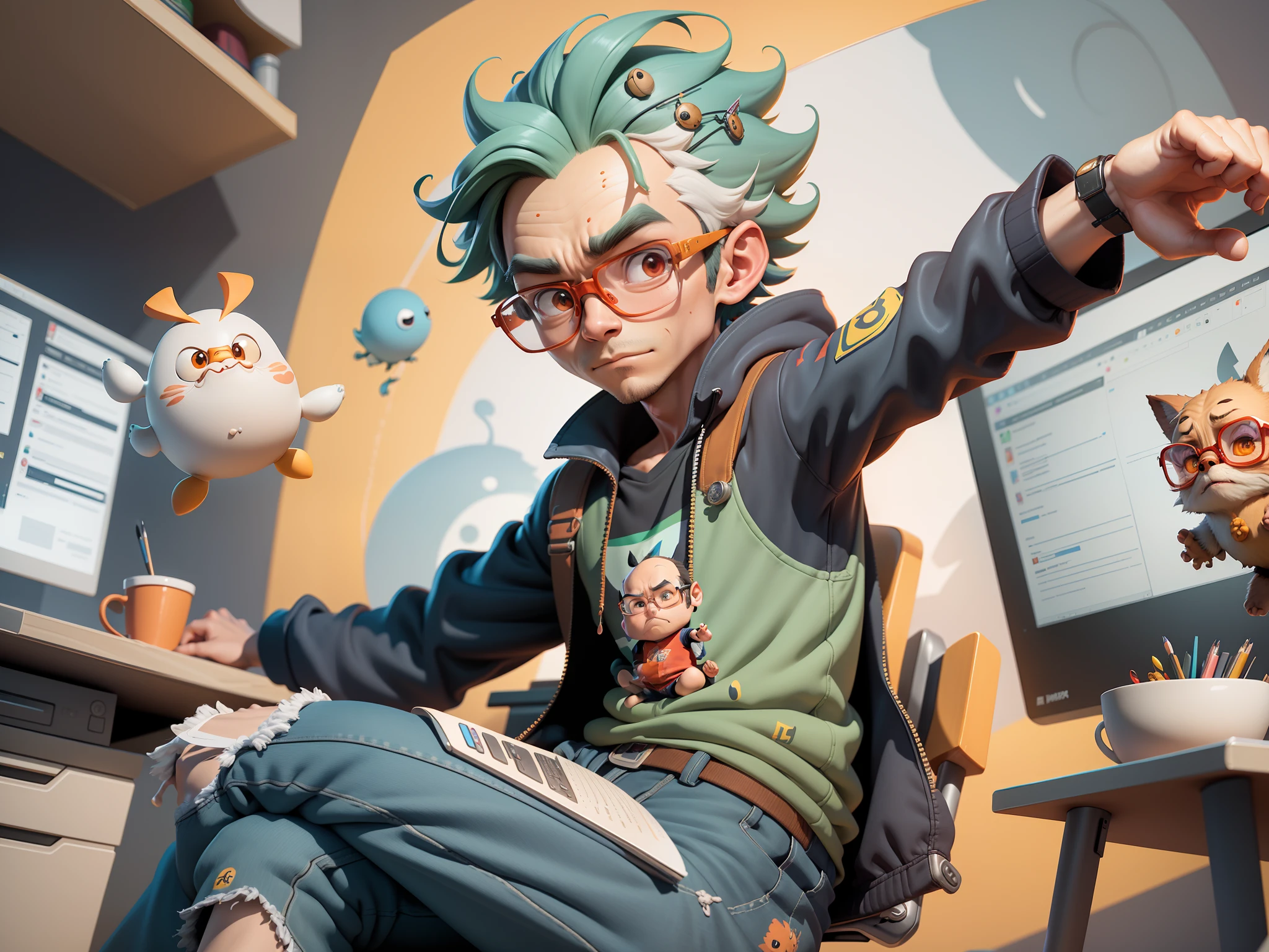 A young man with glasses sits at his desk,holding laptop,digitial painting,3D character design by Mark Clairen and Pixar and Hayao Miyazaki and Akira Toriyama,4K HD illustration,Very detailed facial features and cartoon-style visuals。