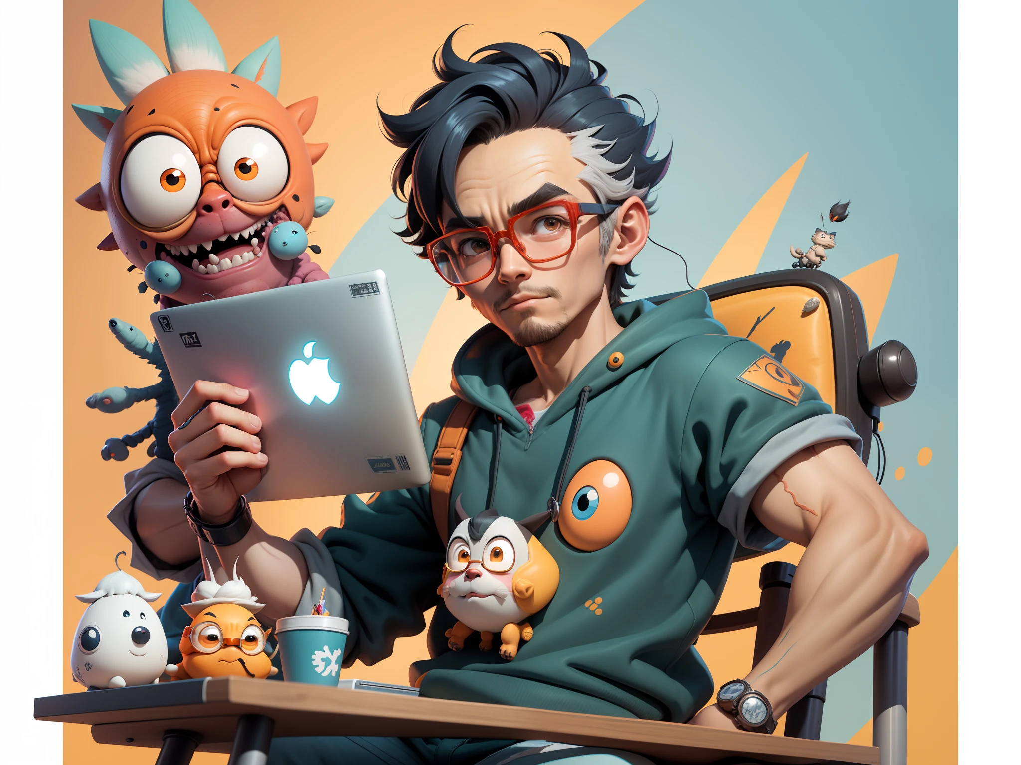 A young man with glasses sits at his desk,holding laptop,digitial painting,3D character design by Mark Clairen and Pixar and Hayao Miyazaki and Akira Toriyama,4K HD illustration,Very detailed facial features and cartoon-style visuals。