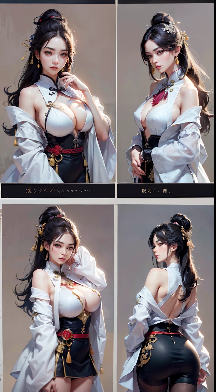 Ancient Chinese architecture,National style beautiful girl,Wear revealing Hanfu,Simple clothing, Minimalist style,Mixed Chinese and American races,The background is blurred out,focal,电影灯光,(((tmasterpiece))), ((best qualtiy)), ((Complex and detailed)), ((ultra-realistic realism)), Ridiculous resolution, A MILF, Mature woman, ssee-through, highly detailed, illustratio, 1girll, (mediuml breasts), Thin waist and thick hips,long leges,beatiful detailed eyes, short detailed hair, brunette color hair, a purple eye, blackstockings,lacy clothing,Skirt that wraps hips,tightsuit,Chest bulge,with faintly visible,Cool clothing,Cocked buttocks,The body proportions are perfect,(No underwear),pantiess, detailed back ground, perfect eyes, Seductive eye, (nice hand),Detail hands,looking at viewert,From the front,Wear light,juicy legs,deep v big breasts,