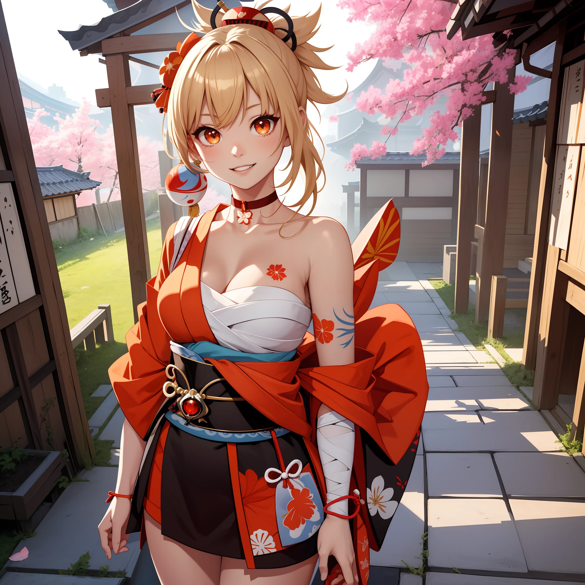 Masterpiece, Best quality, A high resolution, 1girll,(head portrait:1.5),Headshot,Portrait photo, (standing on your feet:1.4),Close-up shot,Blonde hair, Medium hair, Asymmetrical hair, Floating hair, hair between eye, High ponytail, side locks, hair adornments, fish hair ornament, nipple tassels, kanzashi, bangs, Orange eyes, Open mouth, Smile, teeth, Upper teeth only, choker necklace, Red necklace, pendant choker, butterfly choker, 鎖骨, tattoo, chest tattoo, flower tattoo, cleavage, Medium breasts, Thighs, Bandages, bandaged leg, Arashi, Budget Arashi, Chest sarashi, black sash, hadanugi dousa, houkisei, Japanese clothes, komono, Kinchaku, Obi, Obiage, obijime, orange kimono, pouch, print kimono, Cord, sash, shimenawa, Short kimono, Single bare shoulder, visions (Genshin Impact), east asian architecture, Cherry blossoms, Single glove, Single fingerless gloves, arms cuffs, Sitting, Legs together,