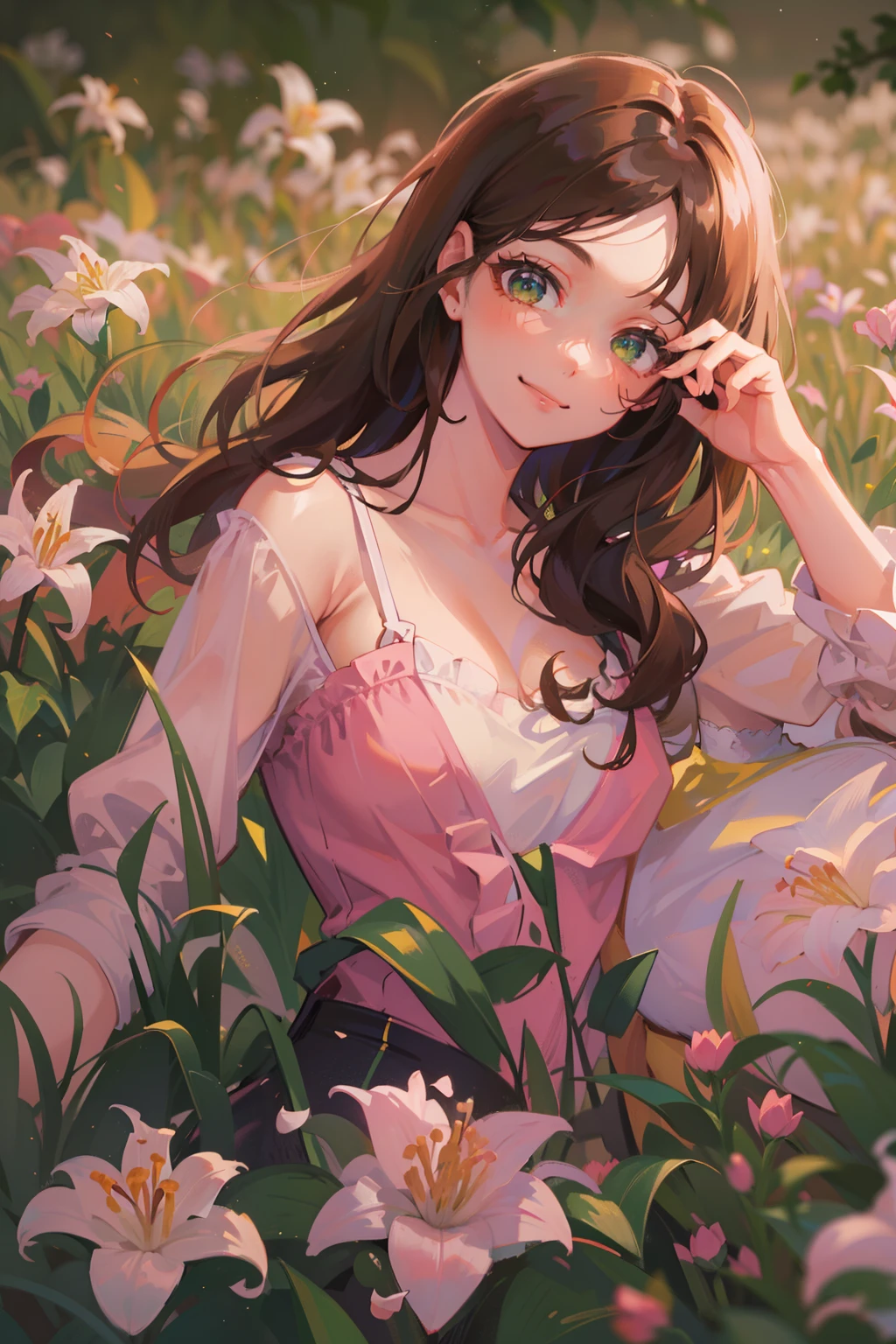 (masterpiece), (best quality), ultra high res, sharp focus, ((1 woman, solo)), (warm pastel color), upper body, medium long shot, MLS, background blur focus on face only, in the meadow of lily flower, (at the beautiful night time:1.2), beautiful detailed hair, chesnut brown hair, long hair tumbles down, ((beautiful shape eyes, green eyes)), beautiful detailed face, perfect feminine face, smiles warmly, look at the viewer, in pink coquette clothes, comfortable pose to the viewer
