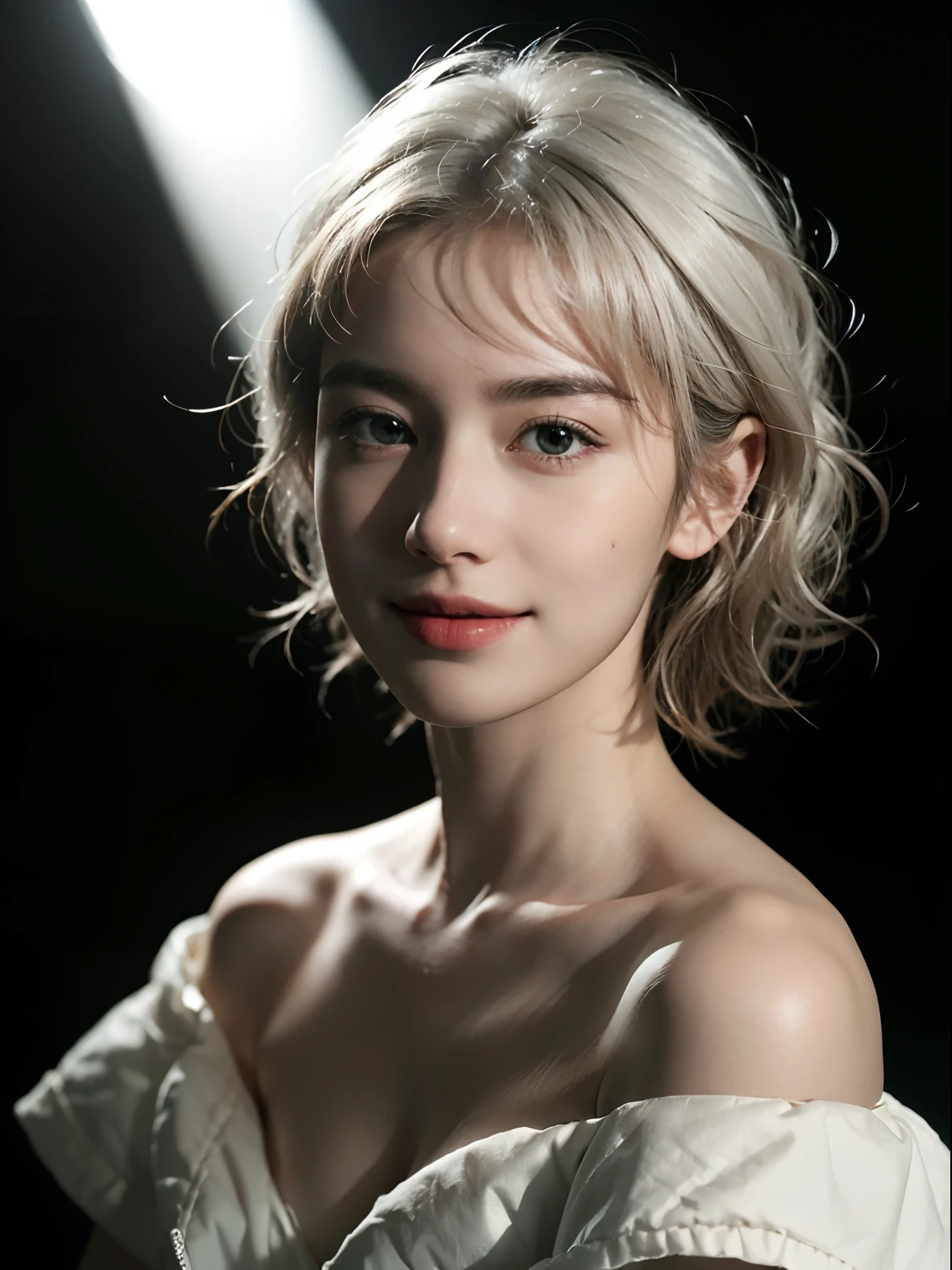 Best quality, masterpiece, ultra high res, (photorealistic:1.5), raw photo, 1girl, offshoulder, in the dark, deep shadow, low key, cold light, sexy look, white hair, short wavy hair, light smile