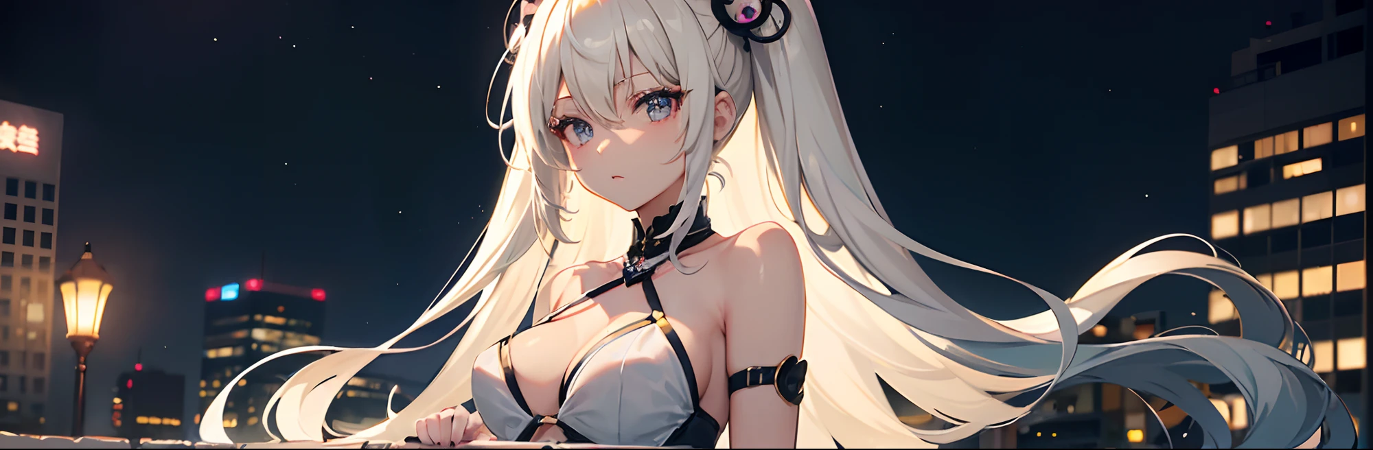 ((Best Quality)), (Ultra-detailed), ((Extremely detailed)), (Beautiful), ((Kawaii Girl)),(two side up hair).,Platinum Blonde Hair,Long hair, hair between eye, Wavy Hair, Long sideburns,Jade-colored eyes, White skin,Normal Chest,Slender body,Cross Halter Bikini,Sandals,background a pool, Night, Night view of New Tokyo City, Starry sky, Neon light,,Look Camera