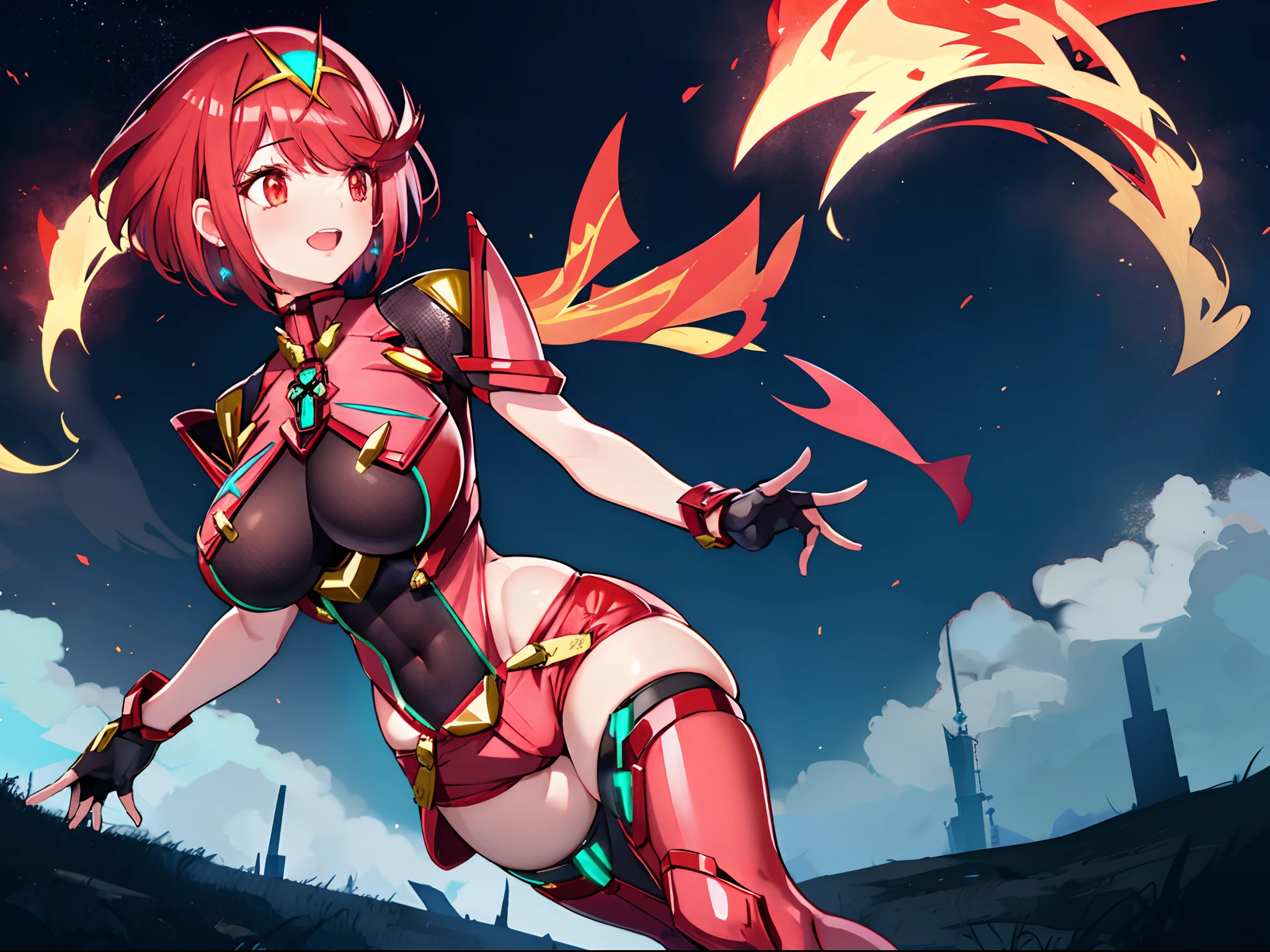 pyra \(xenoblade\), _1girl, armor, bangs, black gloves, breasts, red eyes, closed mouth, earrings, eyelashes, fingerless gloves, floating hair, framed breasts, gem, gloves, hair ornament, headpiece, jewelry, big_breasts, leaning back, leotard, neon trim, official art, pose, red hair, red shorts, saitou masatsugu, short hair, short shorts, short sleeves, shorts, sidelocks, skin tight, solo, standing, swept bangs, thighhighs, tiara, night_prairie_background, turtleneck, underbust, vambraces, xenoblade chronicles \(series\), (xenoblade chronicles 2), apart_legs, fire_effect,dynamic_pose,fighting,light_smile, (plump:1.1), big_ass,huge_sword, hold_large_sword_hilt, (solo:1.2), covered_nipples, covered_pussy,open_mouth,back_view, fists,slouch