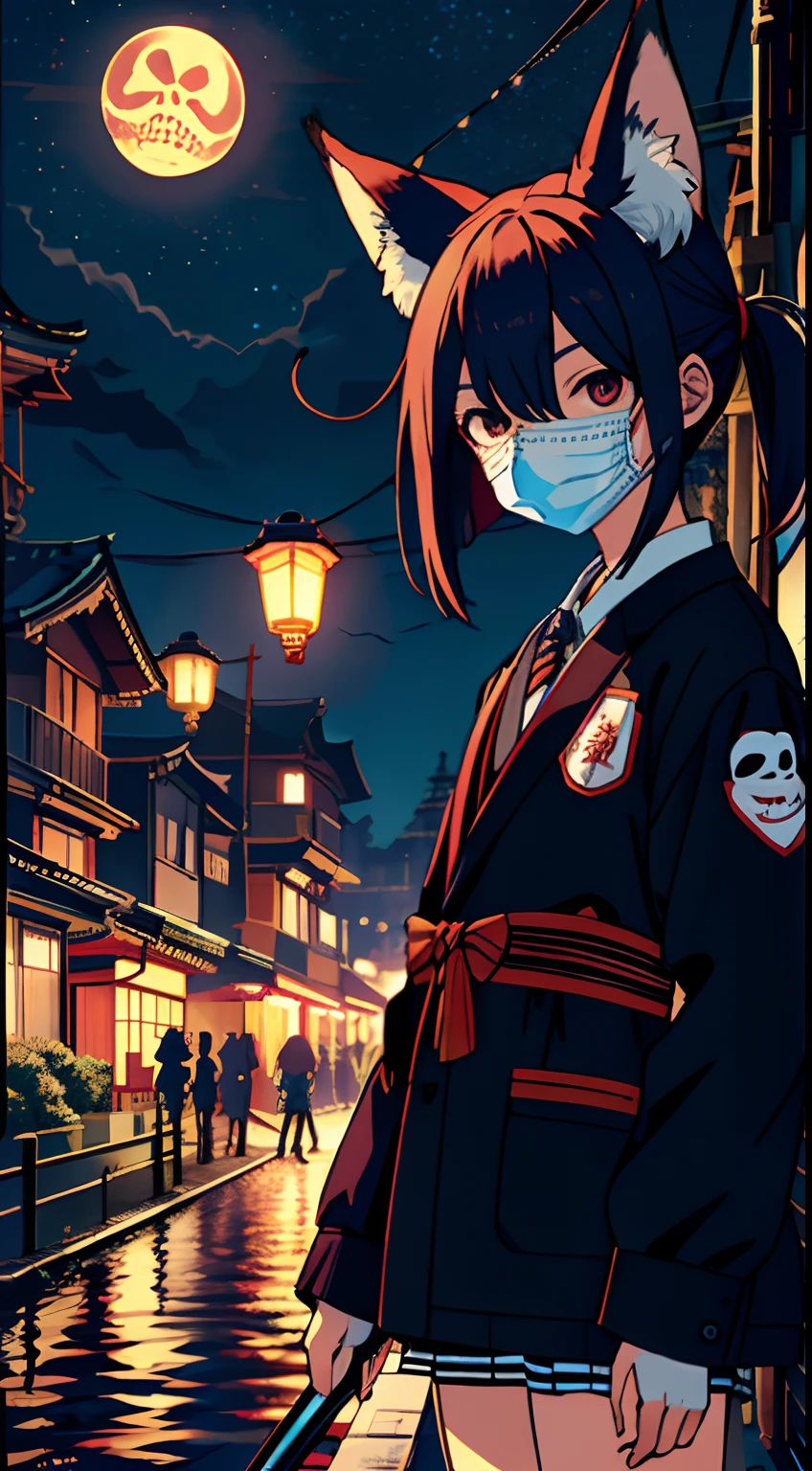 (tmasterpiece:1.2),best qualtiy,realisticlying, Night city,youkai,skeleton, fox, A lot of girls, a sailor suit, Large crowds, matrix, Hyakki Night Line, A Japanese style, mask