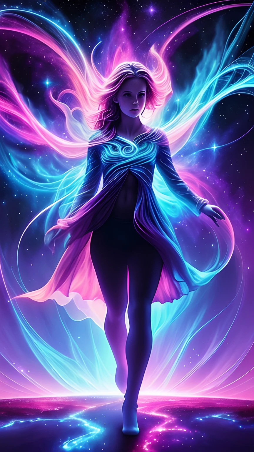 inconceivable and spectacular a scene of emergence of a figure from the glowing cloud, fractal nebula threads, cosmic entities, celestial, cosmic, vibrant and vivid, swirls, twirling, unrealistic, high contrast, symobolism, magical, mystical, mystifying, hyperrealistic, oversaturate, colorfully