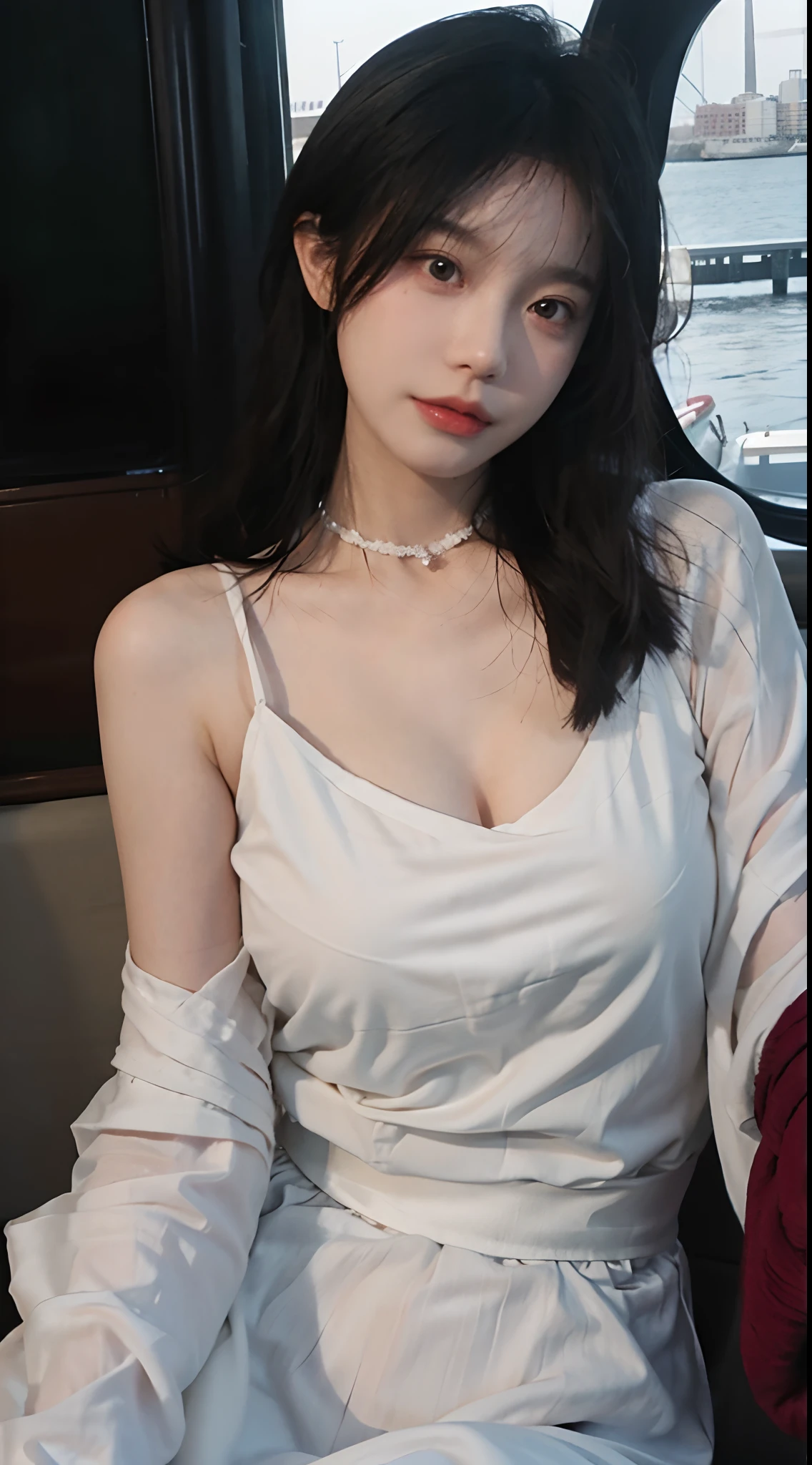 best qualtiy,tmasterpiece,超高分辨率,(realisticlying:1.4),1girll,Large wavy curls,二重まぶた,A pair of peach blossom eyes,choker necklace,Raised sexy,Snow-white translucent skin,head straight-looking at viewer,On the yacht,flatchest,flatchest,flatchest,Full of atmosphere,Cleavage is seductive,,(Red dress:1.8),(The upper part of the body:1.4),