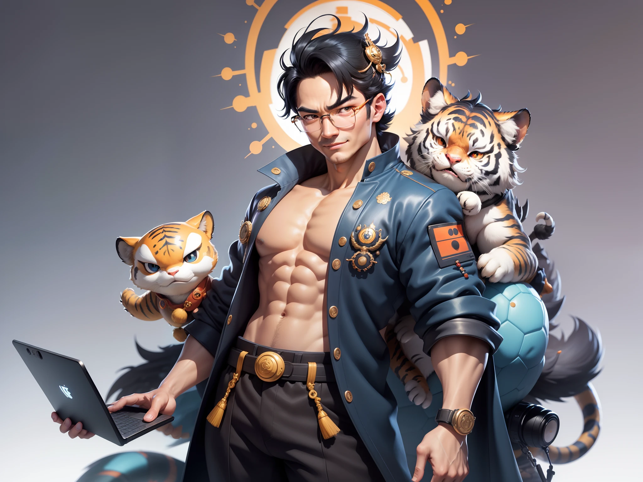 (Masterpiece), (Excellent), (Super Meticulous), (Full Body: 1.2), Super Young Man with Japanese Female Geisha, Pretty, Beautiful, Chinese Dragon, Tiger, Wind God Thor, Sexy, Bursting, Oriental Face, TV Anchor, Bust Portrait Illustration, Black Suit, Blue Tie, Slightly Chubby Face, Silver Glasses, Very Clean Face, No Beard on Chin, Black Super Short Hair, Black Eyes, Confident Smile, 3c Computer Sub-Products, iPad, iPhone, Digital Painting, 3D character design by Mark Clairedon and Pixar and Hayao Miyazaki and Akira Toriyama, the illustrations are HD illustrations in 4K resolution with highly detailed facial features and cartoon-style visuals.
