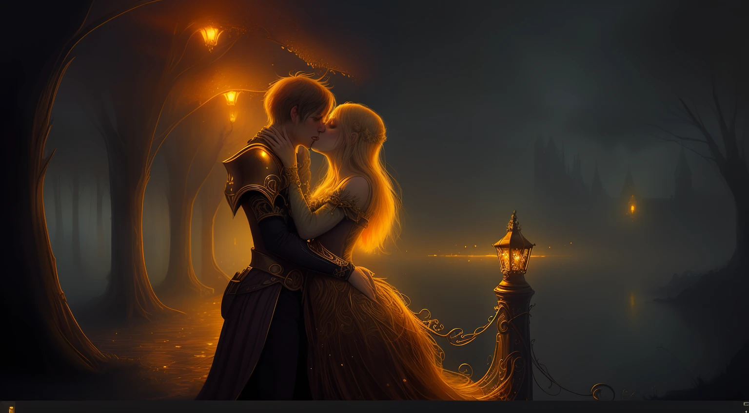 We are, Kiss in the Night, gloomy atmosphere, Love, higly detailed, digitalpainting, Fantasy, Fairytale atmosphere, Golden Lights