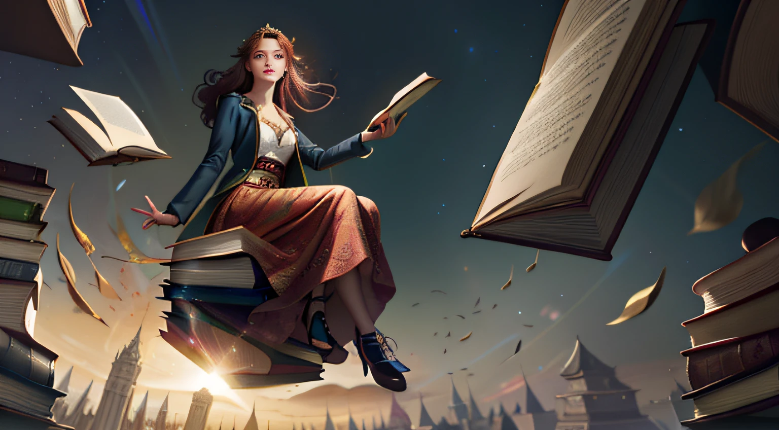 mulher arafed sentada em uma pilha de livros voando pelo ar, livros voadores, Cyril Rolando e M.w kaluta |, Cyril Rolando e M. w kaluta |, books flying around, No estilo de Cyril Rolando, fantasy book illustration, magical realism and dark fantasy, dramatic reading book pose, Directed by: Alexander Kucharsky
