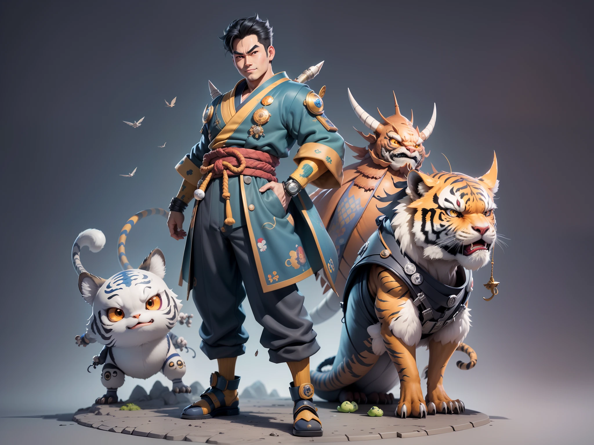 (Masterpiece), (Excellent), (Super Meticulous), (Full Body: 1.2), Super Young Man, Oriental Face, Japanese Kimono, Japanese Wind Thunder God, Dragon, Tiger, TV Anchor, Bust Portrait Illustration, Alone, Black Suit, Blue Tie, Slightly Chubby Face, Very Clean Face, No Beard, Black Super Short Hair, Black Eyes, Confident Smile, 3c Computer Sub-Products, iPad, iPhone, Digital Painting, 3D Character Design by Akira Toriyama and Mark Claireden and Pixar and Hayao Miyazaki, The illustration is a high-definition illustration in 4K resolution with very detailed facial features and cartoon-style visuals.