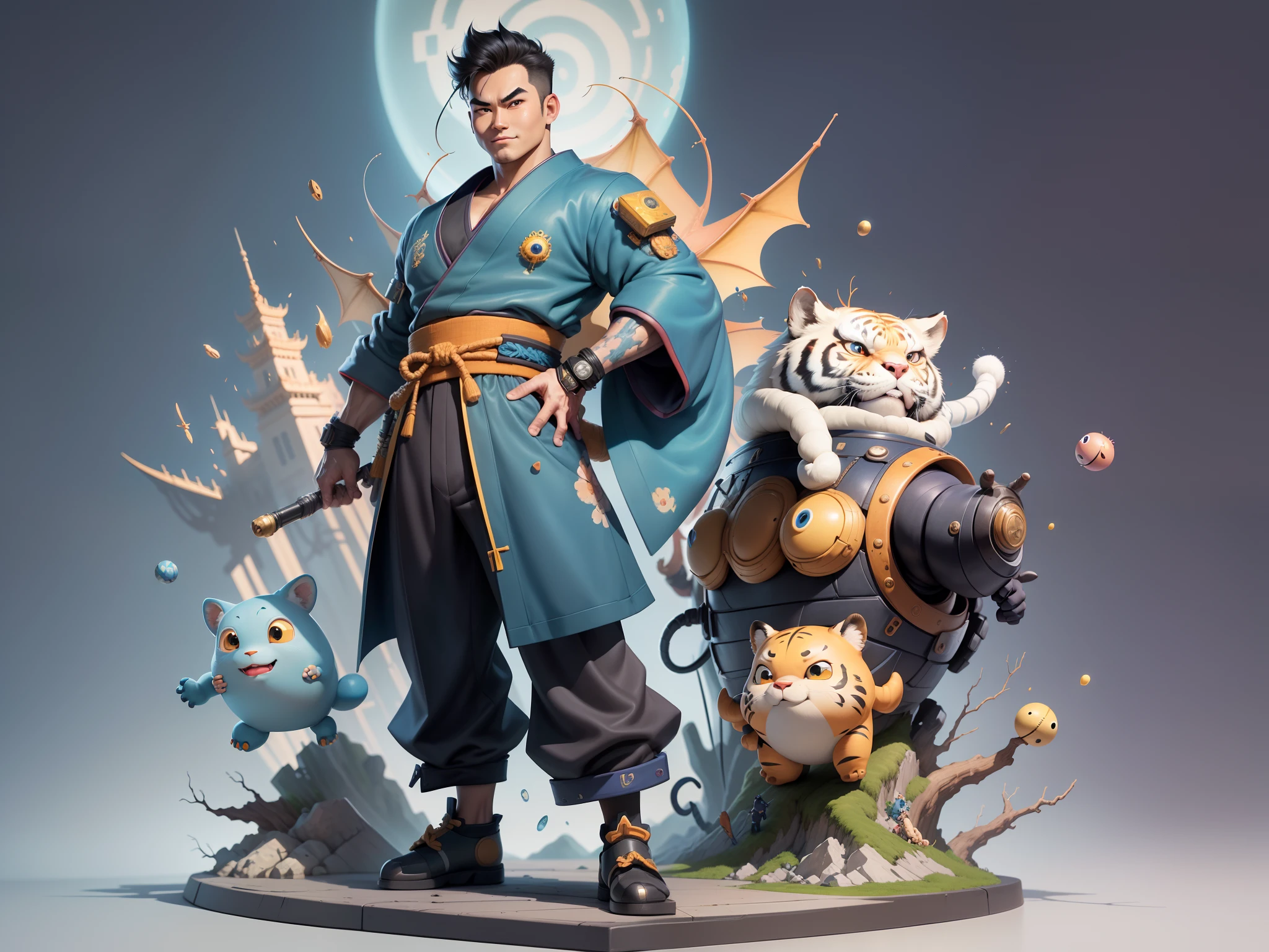 (Masterpiece), (Excellent), (Super Meticulous), (Full Body: 1.2), Super Young Man, Oriental Face, Japanese Kimono, Japanese Wind Thunder God, Dragon, Tiger, TV Anchor, Bust Portrait Illustration, Alone, Black Suit, Blue Tie, Slightly Chubby Face, Very Clean Face, No Beard, Black Super Short Hair, Black Eyes, Confident Smile, 3c Computer Sub-Products, iPad, iPhone, Digital Painting, 3D Character Design by Akira Toriyama and Mark Claireden and Pixar and Hayao Miyazaki, The illustration is a high-definition illustration in 4K resolution with very detailed facial features and cartoon-style visuals.