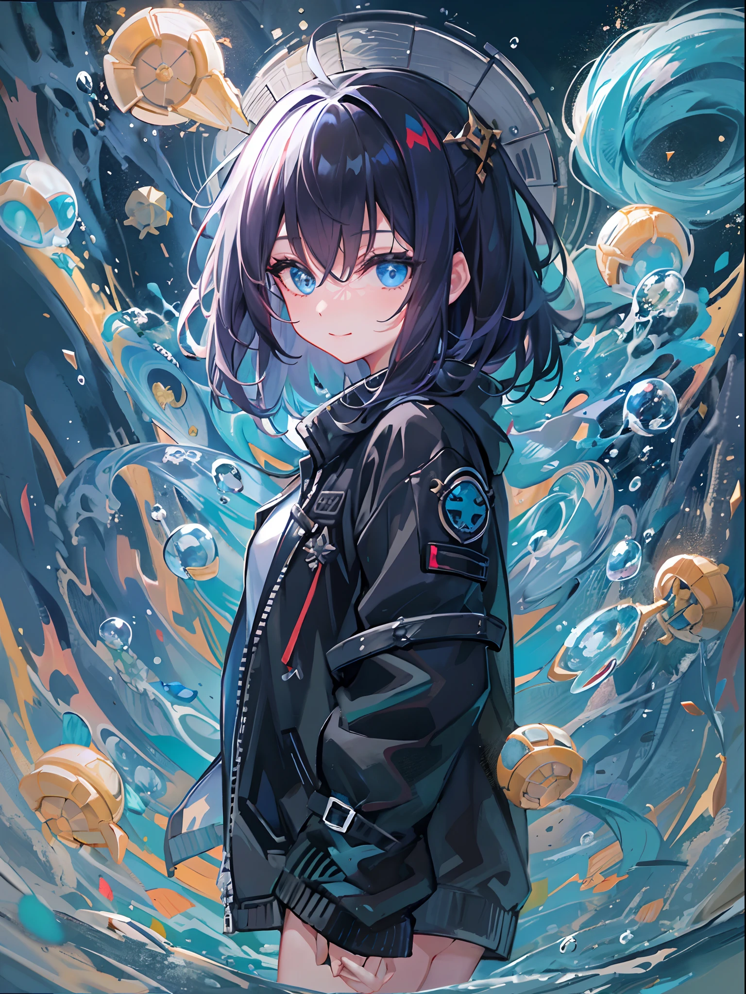 ((top-quality)), ((masterpiece)), ((ultra-detailliert)), (extremely delicate and beautiful), girl with, 独奏, cold attitude,((Black jacket)),She is very(relax)with the(Settled down)Looks,A dark-haired, depth of fields,evil smile,Bubble, under the water, Air bubble,Bright light blue eyes,Inner color with black hair and bright light blue tips,Cold background,Bob Hair