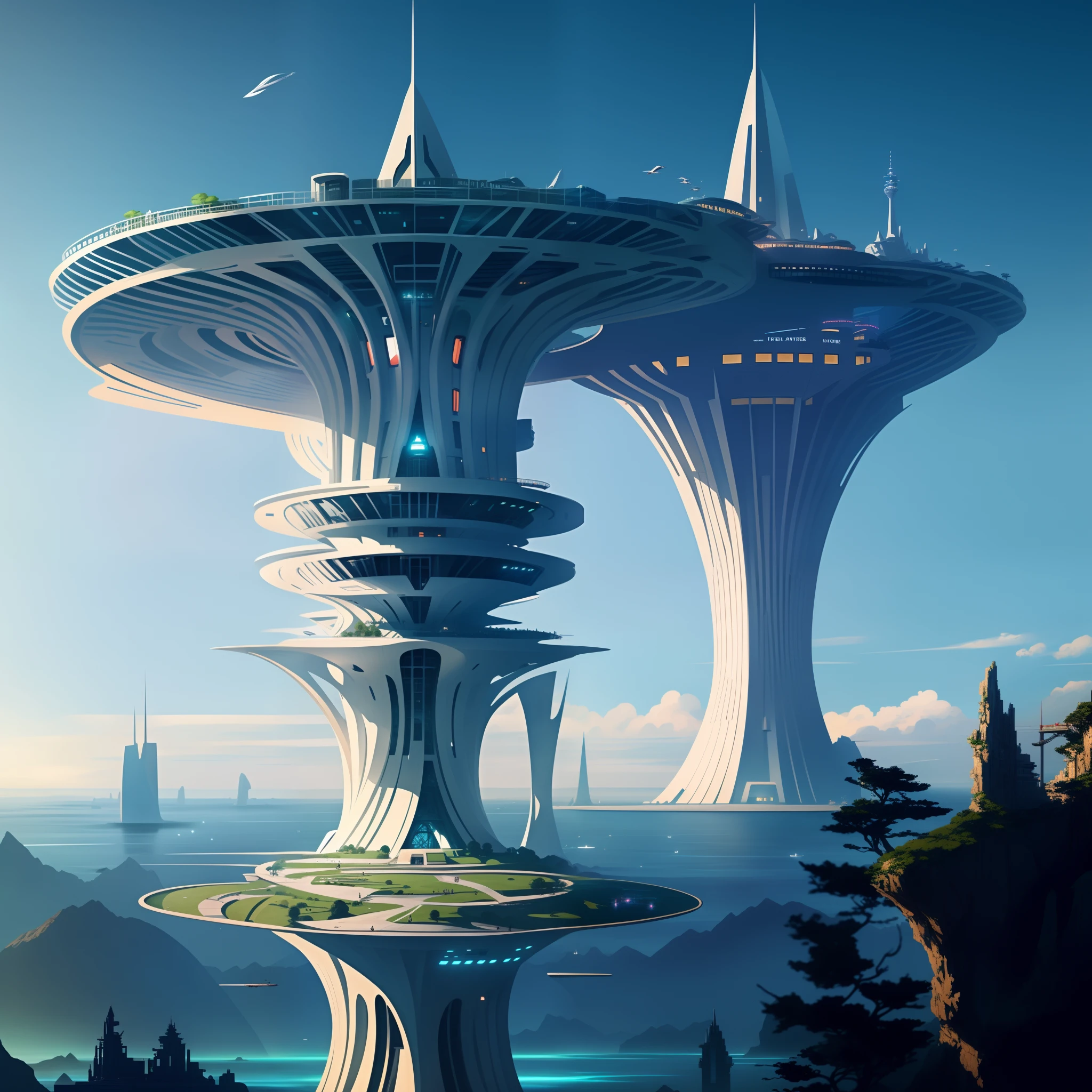 Cidade futuristica，In the middle of the ocean there is a futuristic tower, futuristic utopia, futuristic utopian fantasy, mystical sci-fi concept art, futuristic concept art, solarpunk futuristic utopia, Utopian sci-fi style, Futuristic setting, Futuristic utopian architecture, Utopian architecture, in fantasy sci - fi city, scifi concept art, scifi concept art