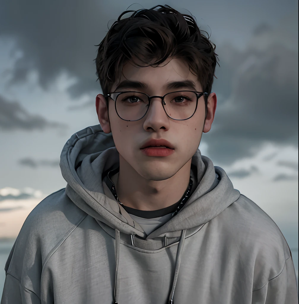 (masterpiece:1.2), (best quality:1.2), hyper realistic,highestres,absurdres,extremely detailed,volumetic,dramatic lighting,(frontal view),
20 year old boy,face,detailed eyes, dark grey hoodie, black t-shirt, with background ((sky))