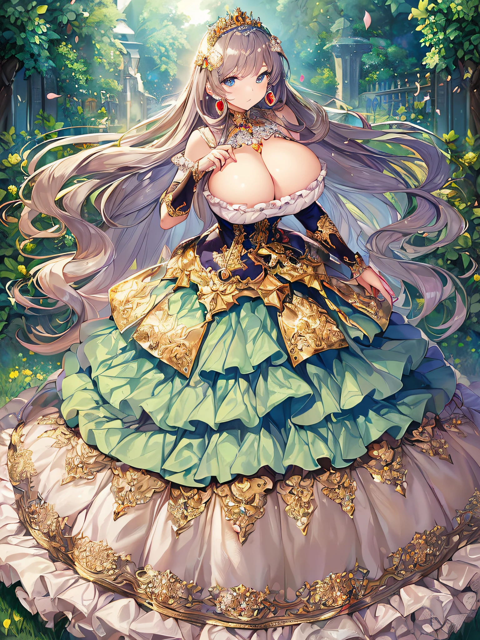((anime artstyle)),(Masterpiece),(Best Quality), (Super Detail),((Very Delicate and Beautiful)),(((Solo))),((full body portrait)),((1 princess in gorgeous princess rococo ballgown with voluminous full length hoop skirt)),((crinoline)),Long train,(((standing in garden))),(gorgeous gemstone jewelry),detailed face and eyes,jewel-like eyes,((large amount of straight hair,extremely voluminous Hair,Very Long Straight Hair)),((gigantic tits,Long tits)),cleavage,extremely gorgeousfull hair ornament,((bling-bling extremely gorgeousfull jeweled tiara)),((Dynamic Angle)),Looking at viewer,,flowers,flower petals flowing,((gorgeous princess rococo ballgown with voluminous full length hoop skirt))