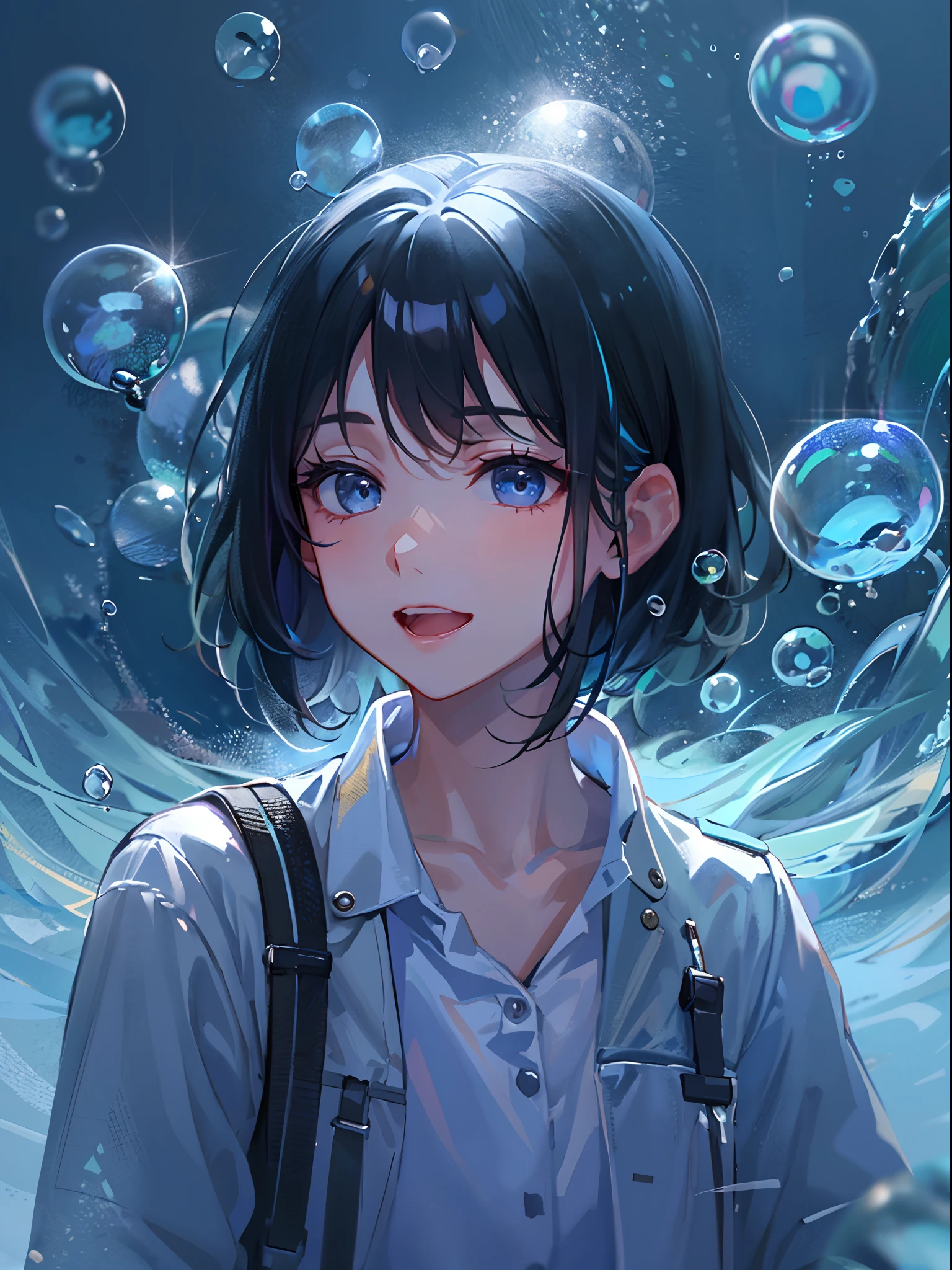 A cute girl with angry emotions  with open mouth  on face, girl stuck in blue water ice tub, He has thrown his hands up as if someone had stuck him there. hands up for helping, The word "Stuck Transaction" appears at the bottom right in clear letters