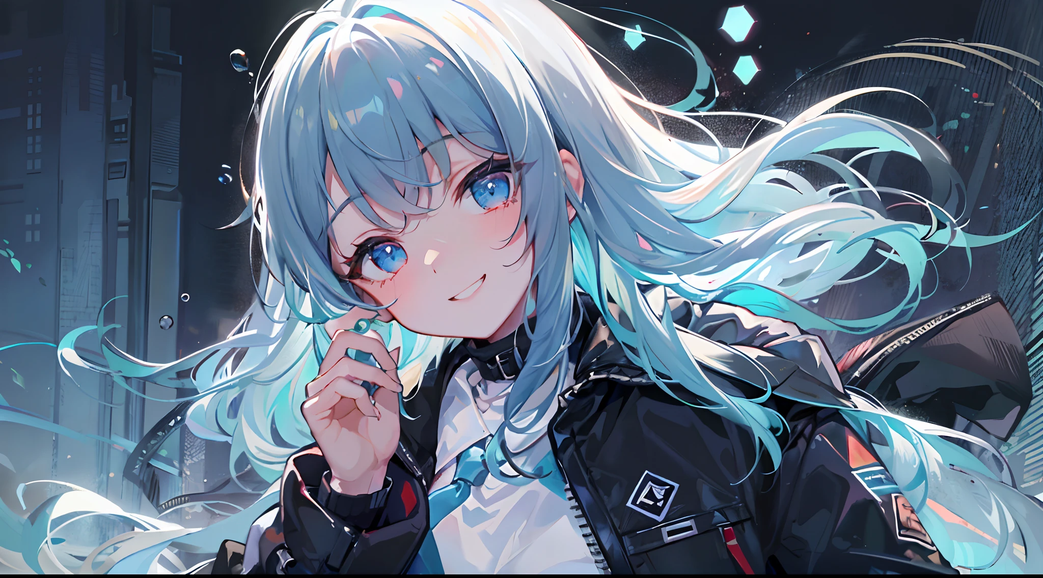((top-quality)), ((masterpiece)), ((ultra-detailliert)), (extremely delicate and beautiful), girl with, 独奏, cold attitude,((Black jacket)),She is very(relax)with the(Settled down)Looks,A dark-haired, depth of fields,evil smile,Bubble, under the water, Air bubble,bright light blue eyes,Inner color with black hair and light blue tips,Cold background,Bob Hair - Linear Art, shortpants、knee high socks、White uniform like school uniform、Light blue ribbon ties、Clothes are sheer、Hands in pockets
