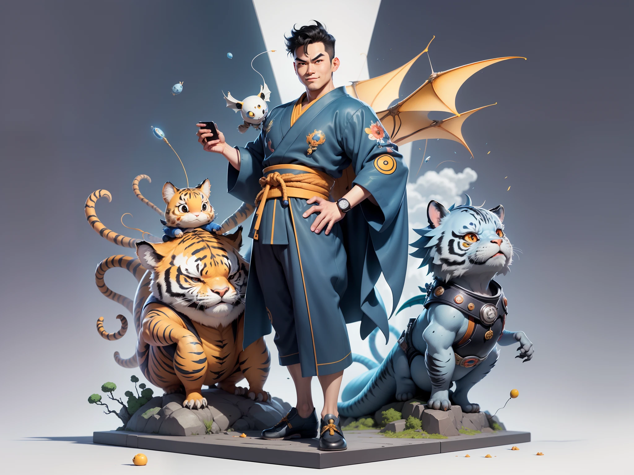 (Masterpiece), (Excellent), (Super Meticulous), (Full Body: 1.2), Super Young Man, Oriental Face, Japanese Kimono, Japanese Wind Thunder God, Dragon, Tiger, TV Anchor, Bust Portrait Illustration, Alone, Black Suit, Blue Tie, Slightly Chubby Face, Very Clean Face, No Beard, Black Super Short Hair, Black Eyes, Confident Smile, 3c Computer Sub-Products, iPad, iPhone, Digital Painting, 3D Character Design by Akira Toriyama and Mark Claireden and Pixar and Hayao Miyazaki, The illustration is a high-definition illustration in 4K resolution with very detailed facial features and cartoon-style visuals.