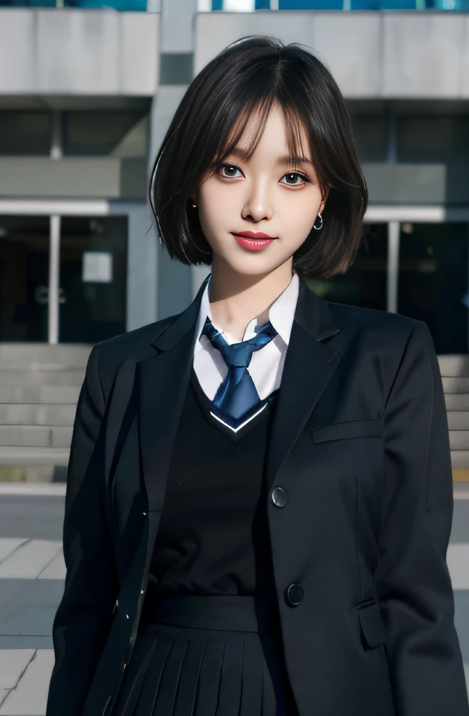 8K RAW photo, high resolution, 21 year old cool Korean, big round breasts, school uniform, tie, tie ribbon, blazer, skirt, beautiful eyes in detail, long eyelashes, beautiful double eyelids, eye shadow, slit eyes, sanpaku eyes, dark eye makeup, evil smile, beautiful thin legs, short hair gathered at the back, earrings, office , remove backround