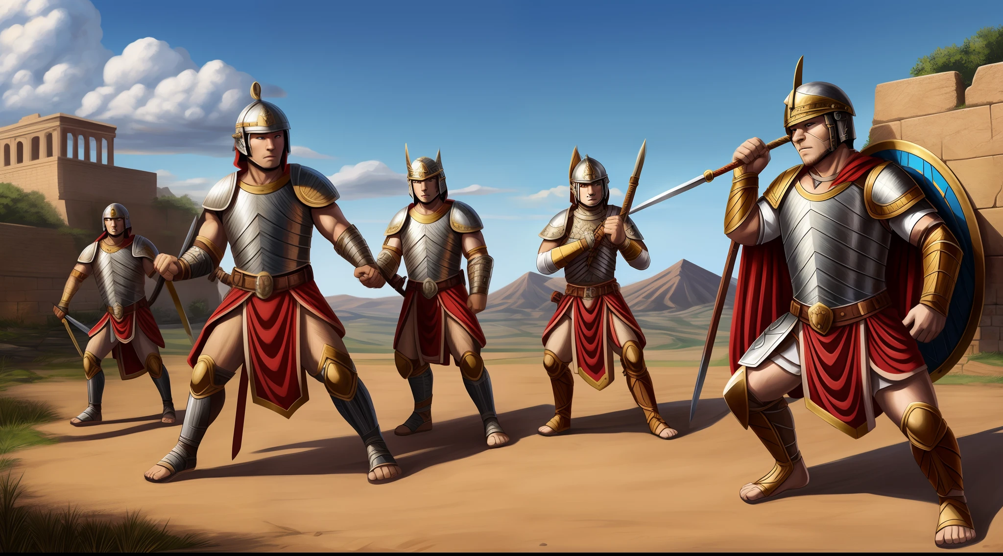 Roman soldier dressed in breastplate with belt with armor with shield with the sword the helmet fighting on the battlefield against attacking the enemy dressed in character of the Roman soldier