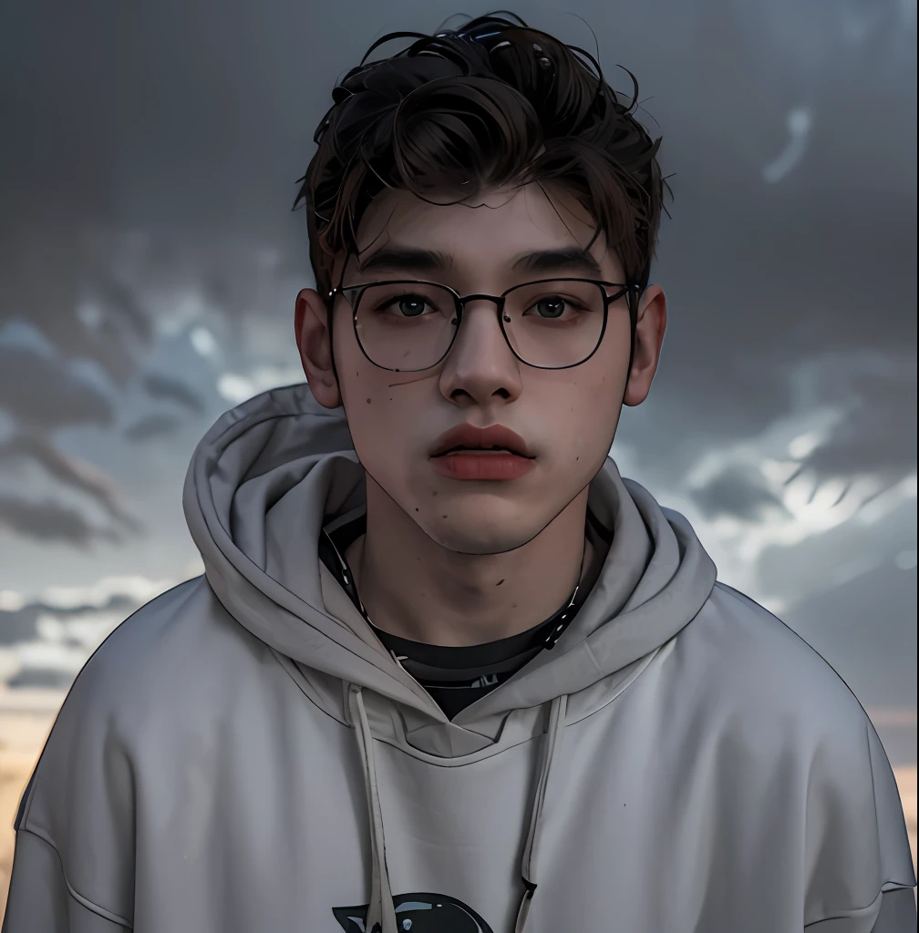 (masterpiece:1.2), (best quality:1.2), hyper realistic,highestres,absurdres,extremely detailed,volumetic,dramatic lighting,(frontal view),
20 year old boy,face,detailed eyes, dark grey hoodie, black t-shirt, with background ((sky))