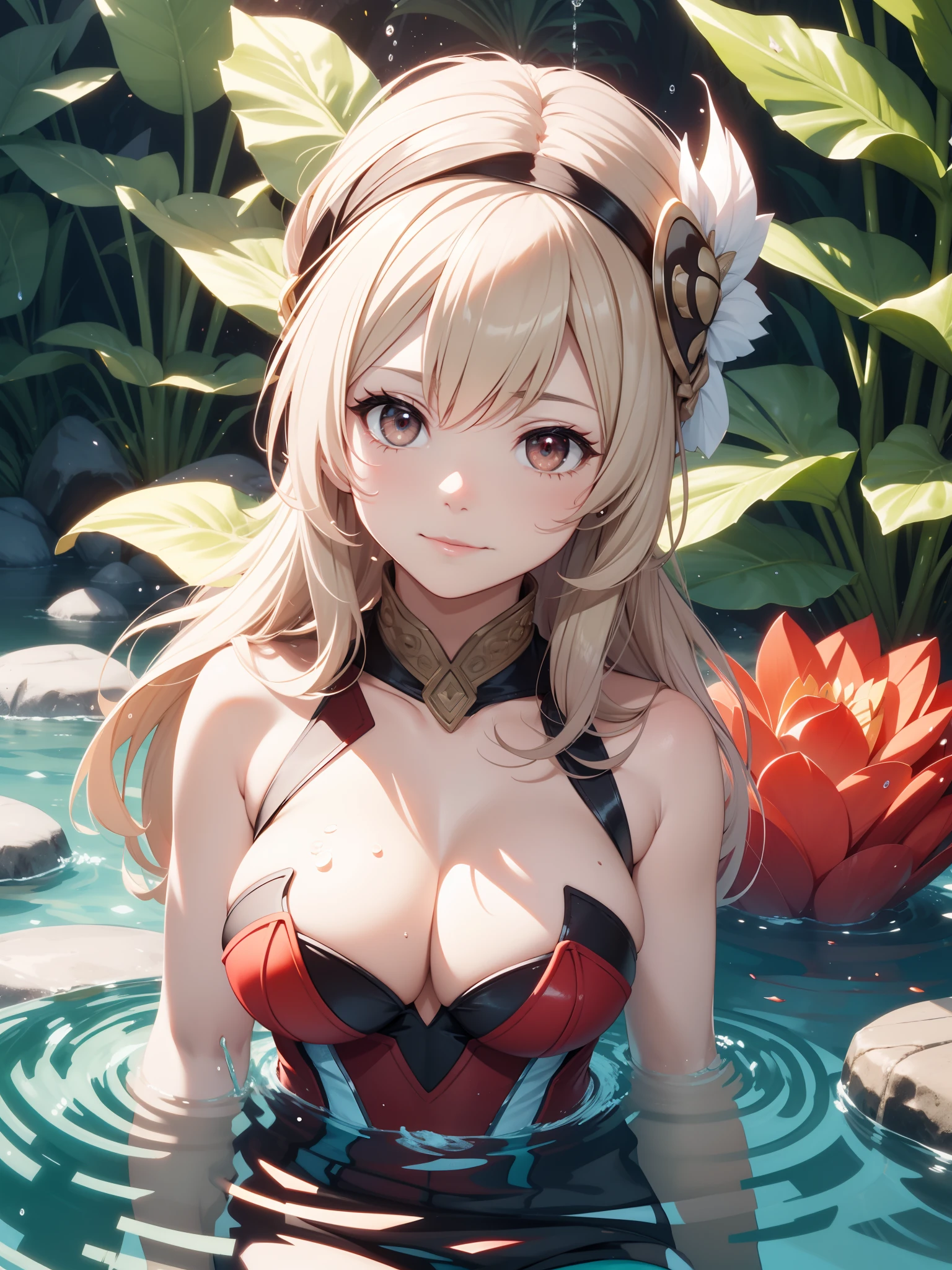 "the Extremely Detailed CG Unity 8K Wallpapers,tmasterpiece,Best Picture Quality,Super fine,,【😊Colorful forest,depth of fields,Numerous splashing droplets:1.2,petals,Toys surround,ventania,foliage,grassy fields,volumettic light】Close-up shot,cleavage,Girl with thick fat chunky physique,Be red in the face,ssmile,sportrait,Side Body,Turn Back,Half of your body is in the water,