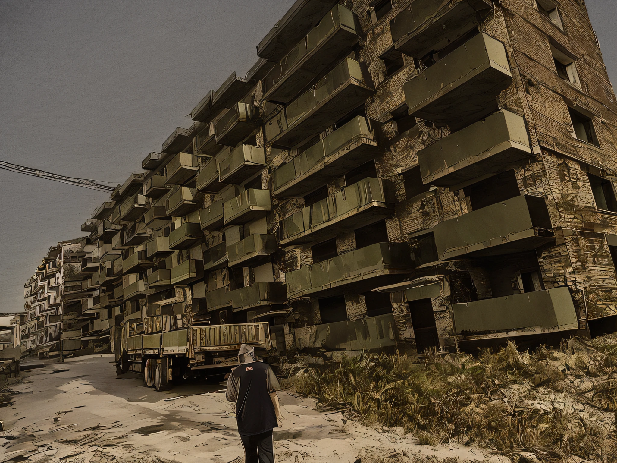 The raffle truck is parked in front of a bad building,The background is a crumbling Soviet apartment building,The huge impact puts pressure on the building